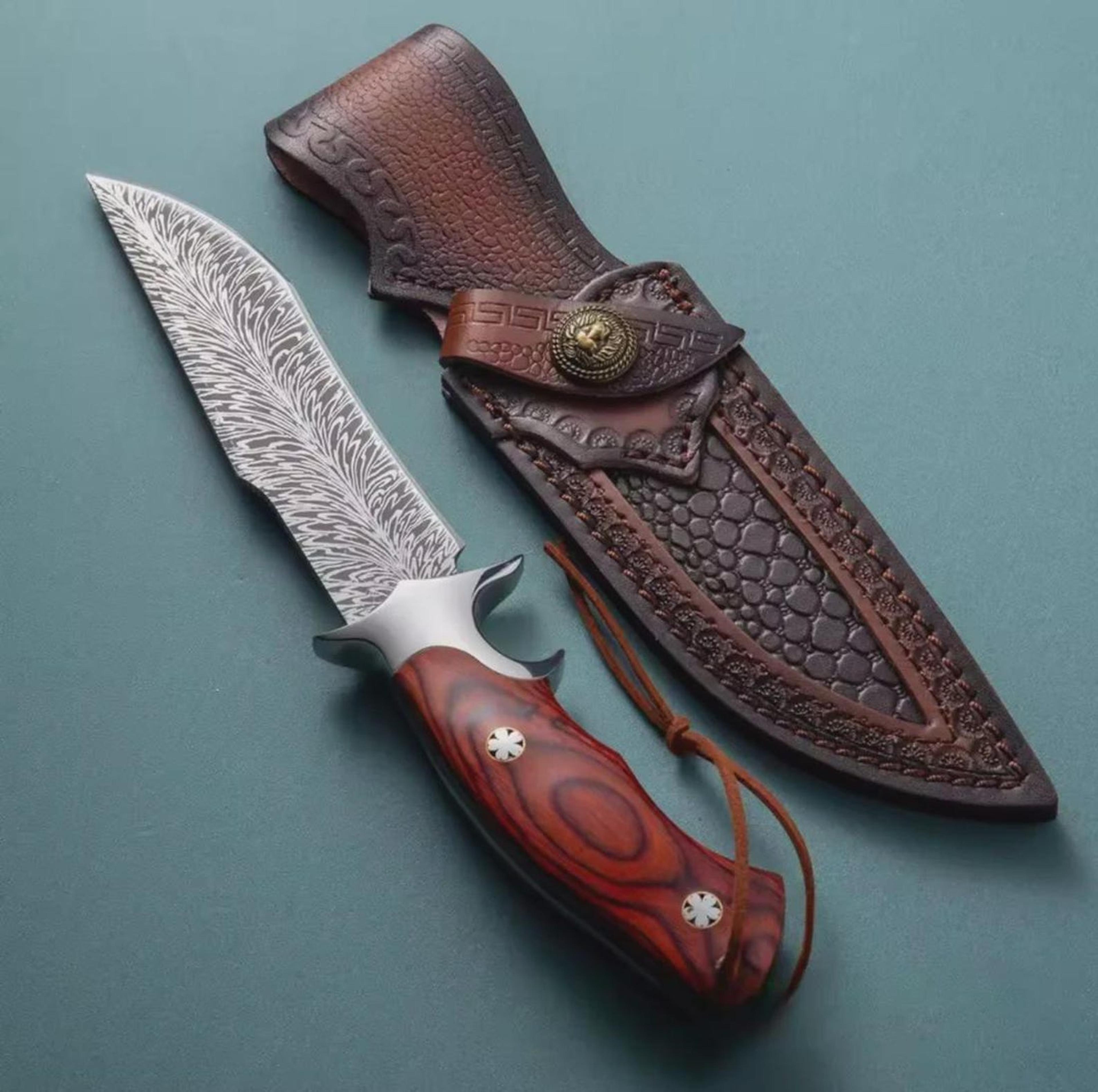 handmade damascus hunting knife full tang fixed blade with leather sheath | collector damascus knife