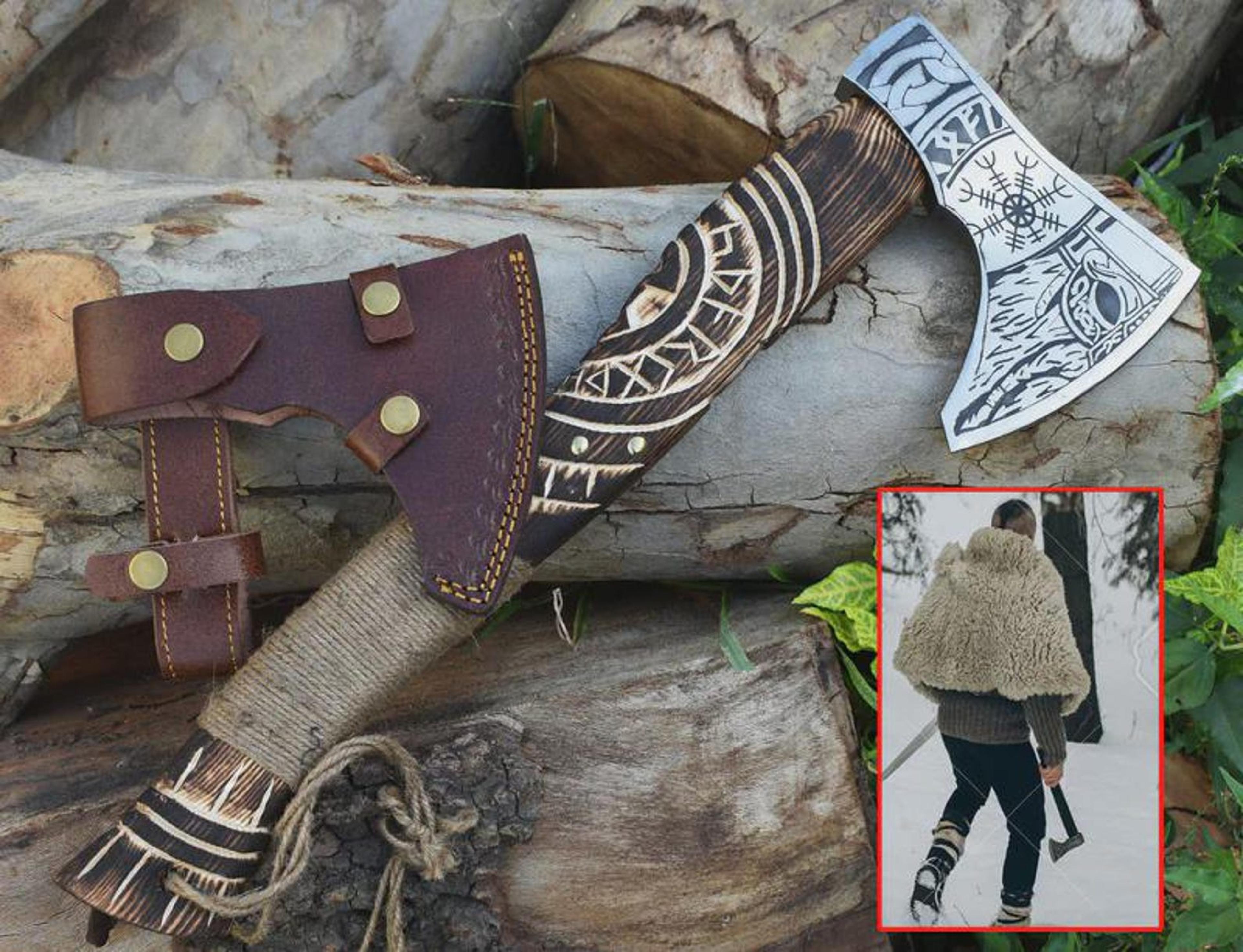 handmade viking axe high carbon steel norse engraved head wooden handle collector gift