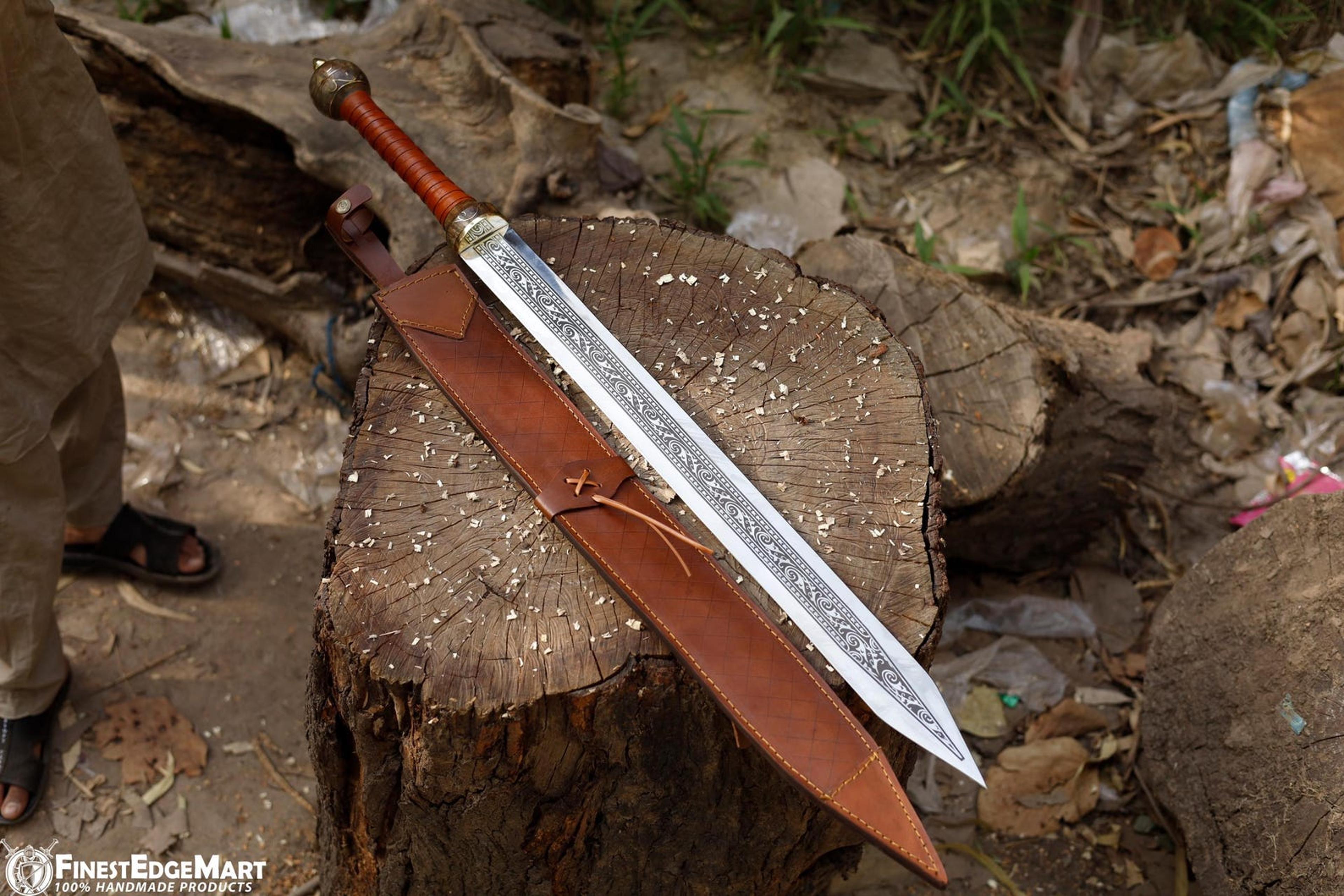 handcrafted roman gladius-inspired engraved steel display sword with leather sheath for historical collector gift
