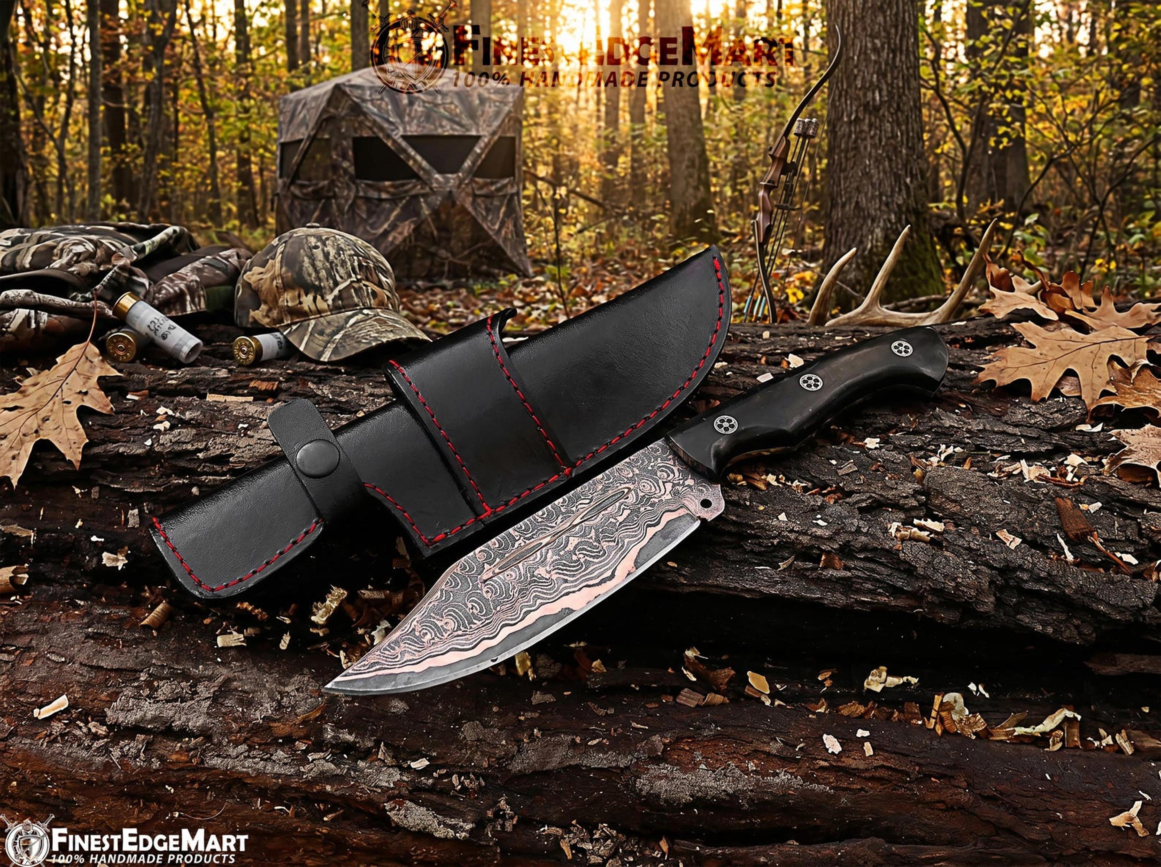 handcrafted copper damascus skinner knife with unique black horn and rosewood handle for collectors