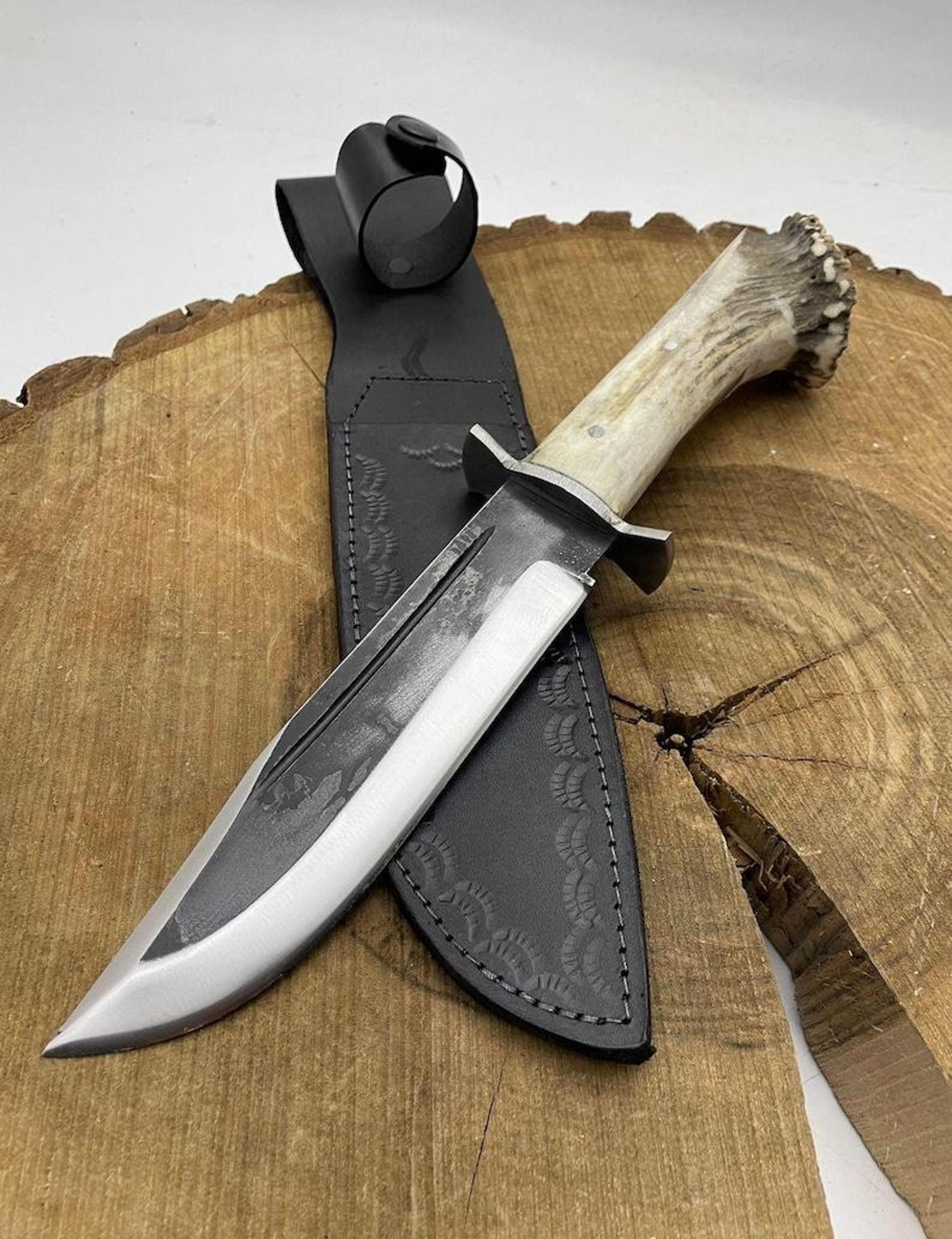 hand-forged carbon steel bowie knife with deer horn handle and leather sheath - unique gift for hunting enthusiasts