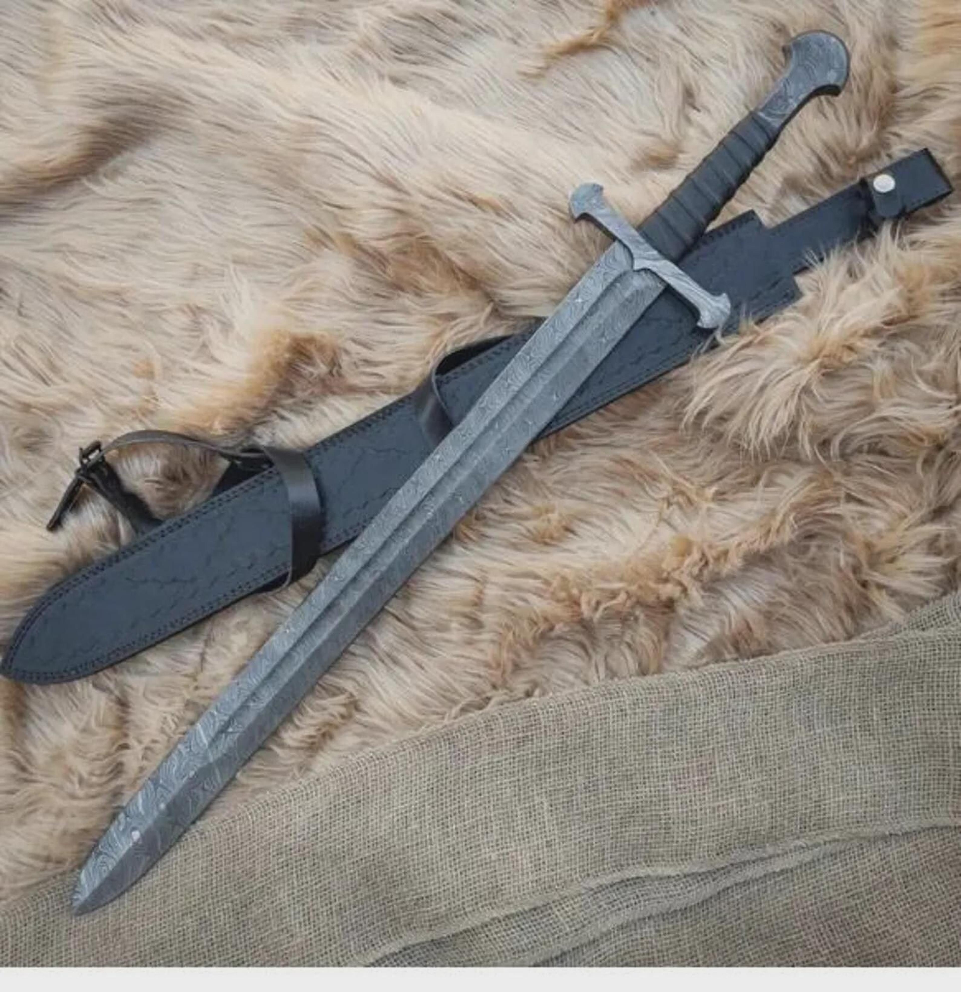 authentic handmade damascus steel viking sword replica with leather sheath - unique gift for him