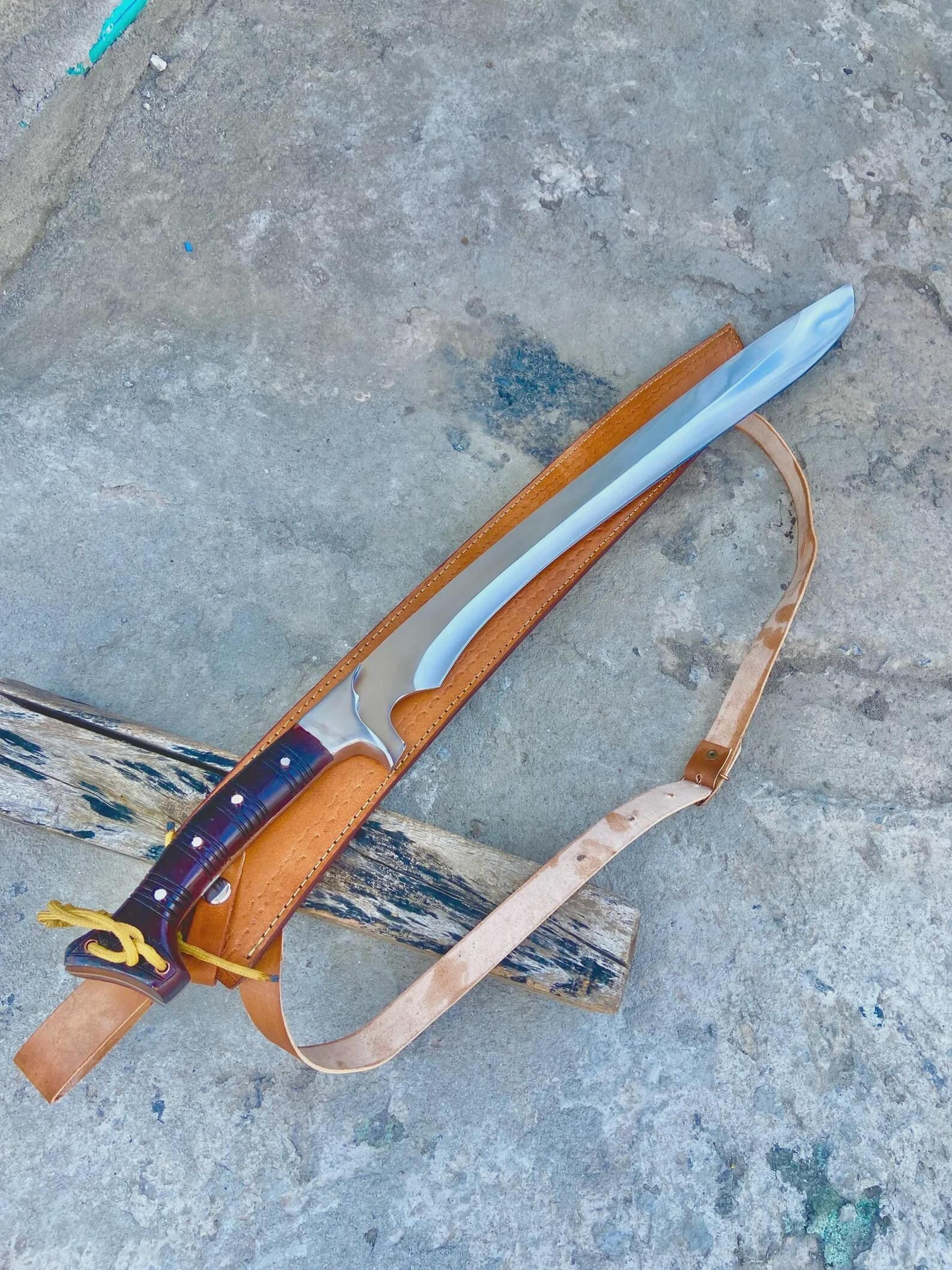 authentic handmade carbon steel viking machete sword with wooden handle and leather sheath