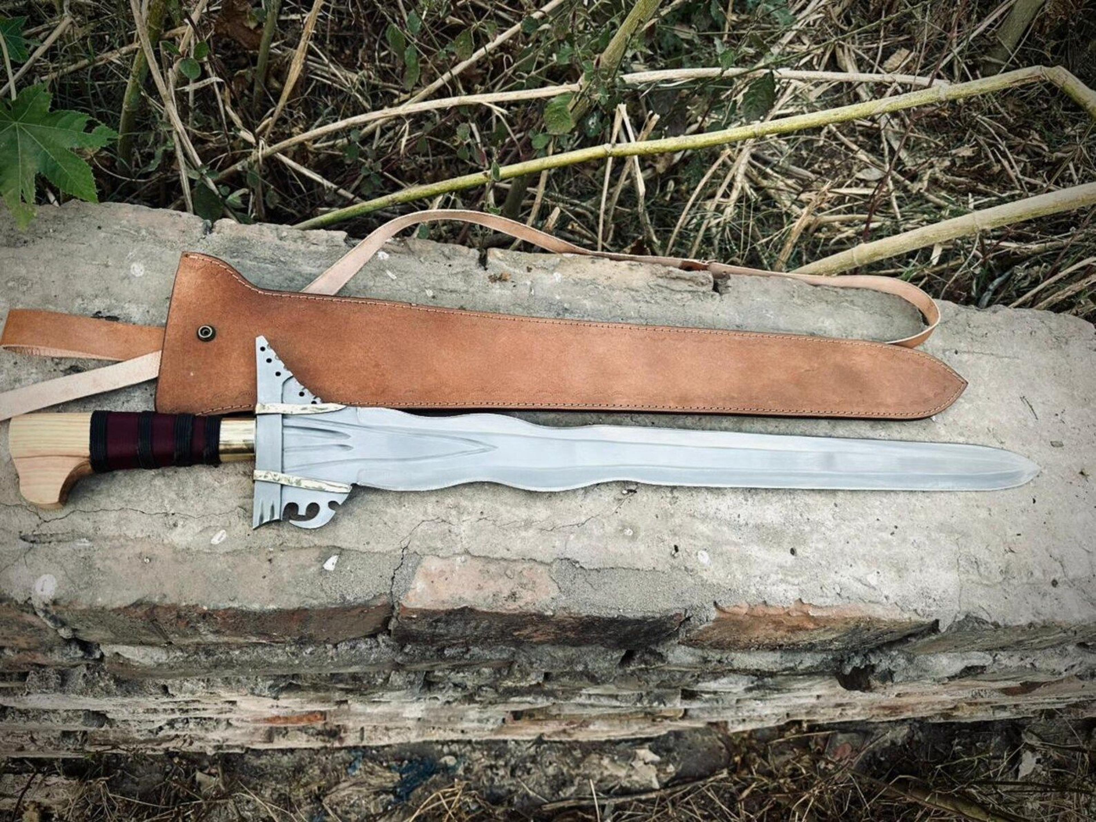 philippines handmade carbon steel moro kris sword with wooden handle and leather sheath - unique collectible gift