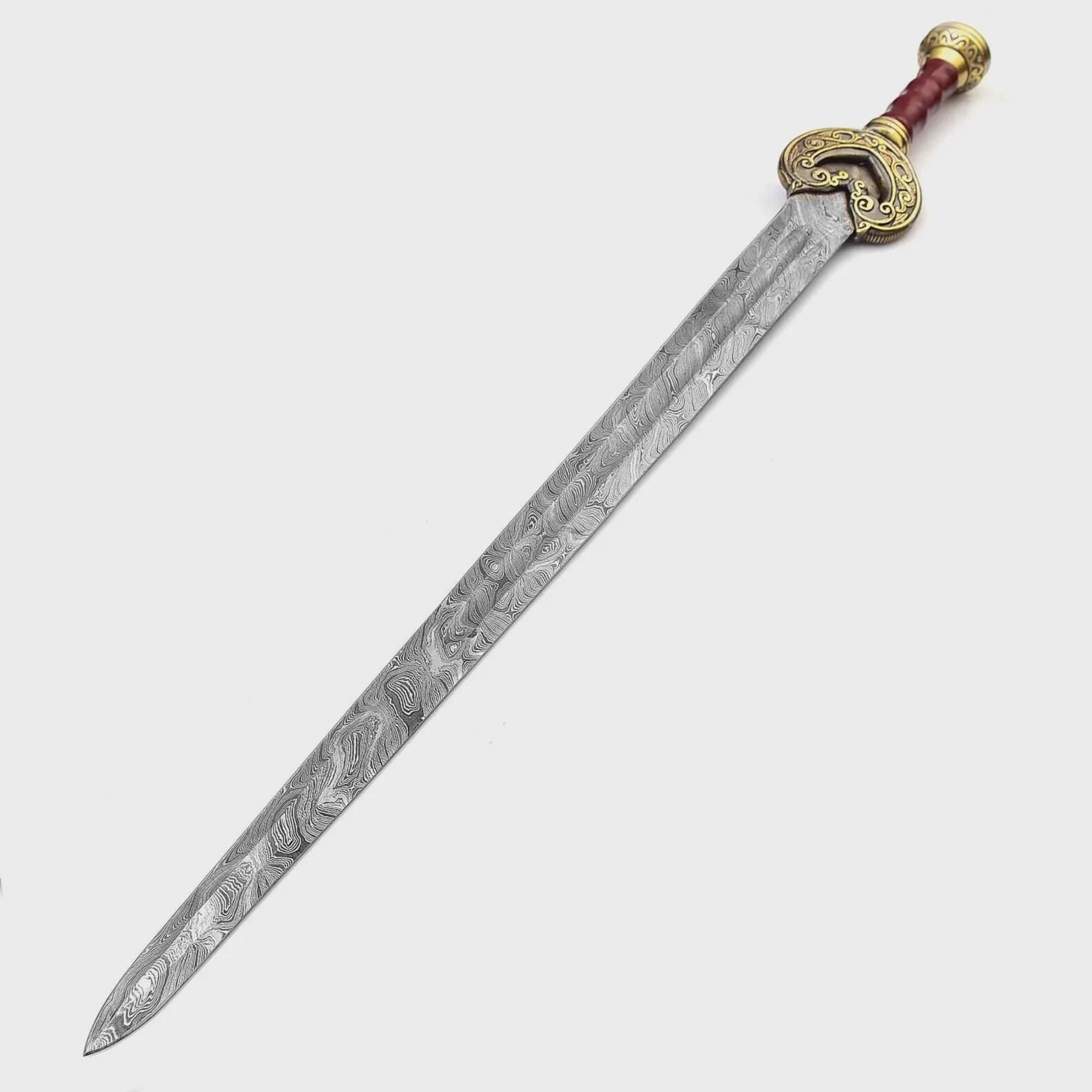 handcrafted damascus steel sword with aluminum handle and high-quality italian leather sheath - unique gift for him