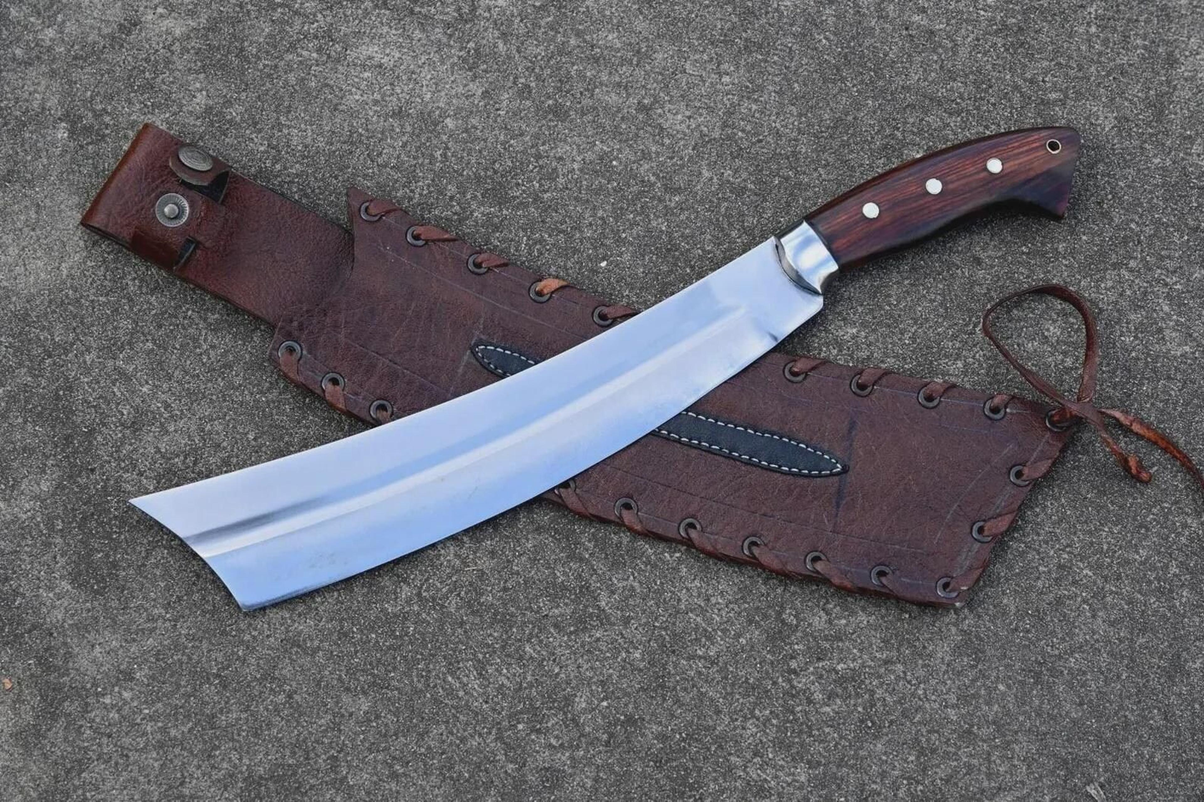 hand-forged 5160 steel machete for hunting camping and bushcraft - full tang blade with handstitched leather sheath