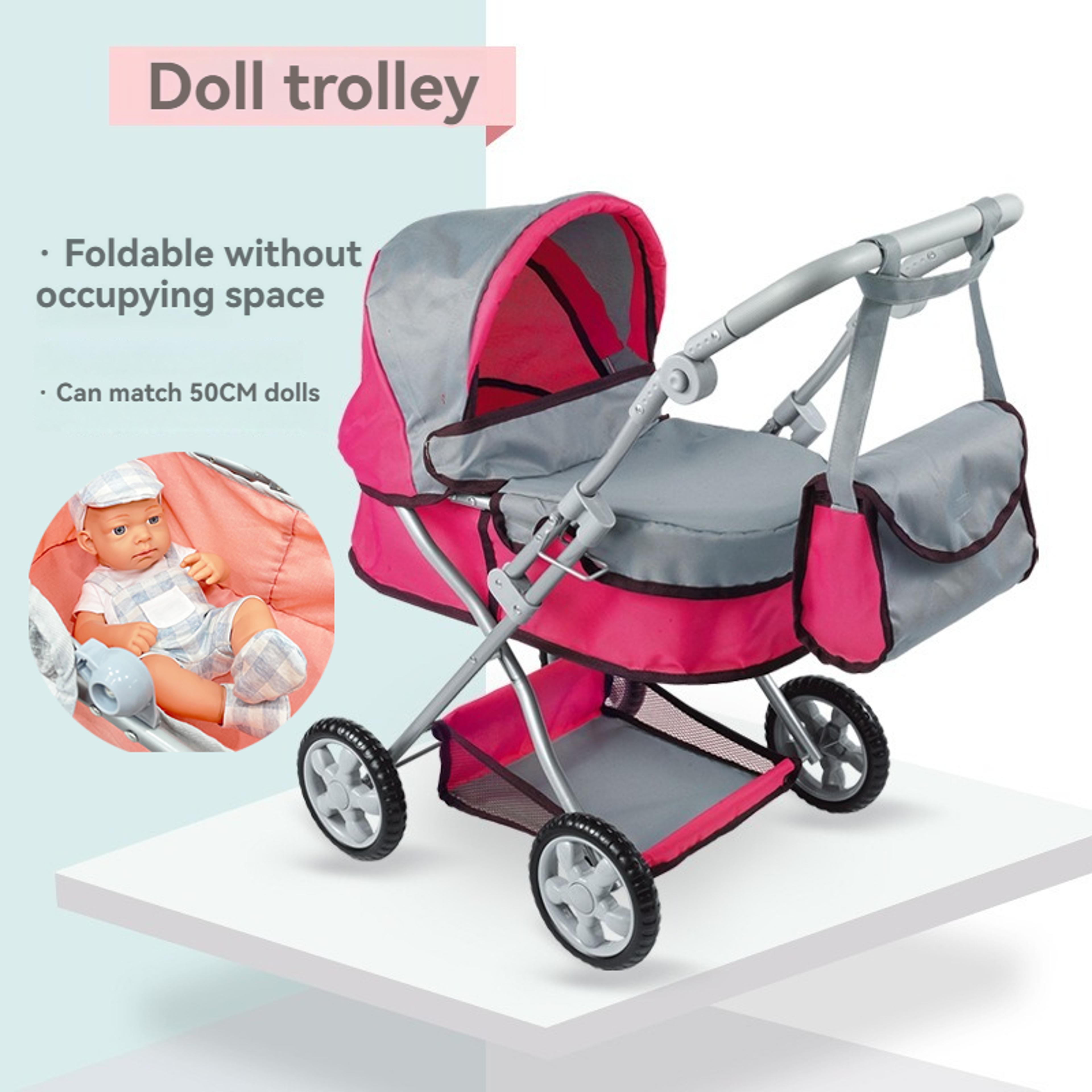 large foldable baby doll stroller with shoulder bag, retractable canopy, adjustable soft handle for kids girls pretend p