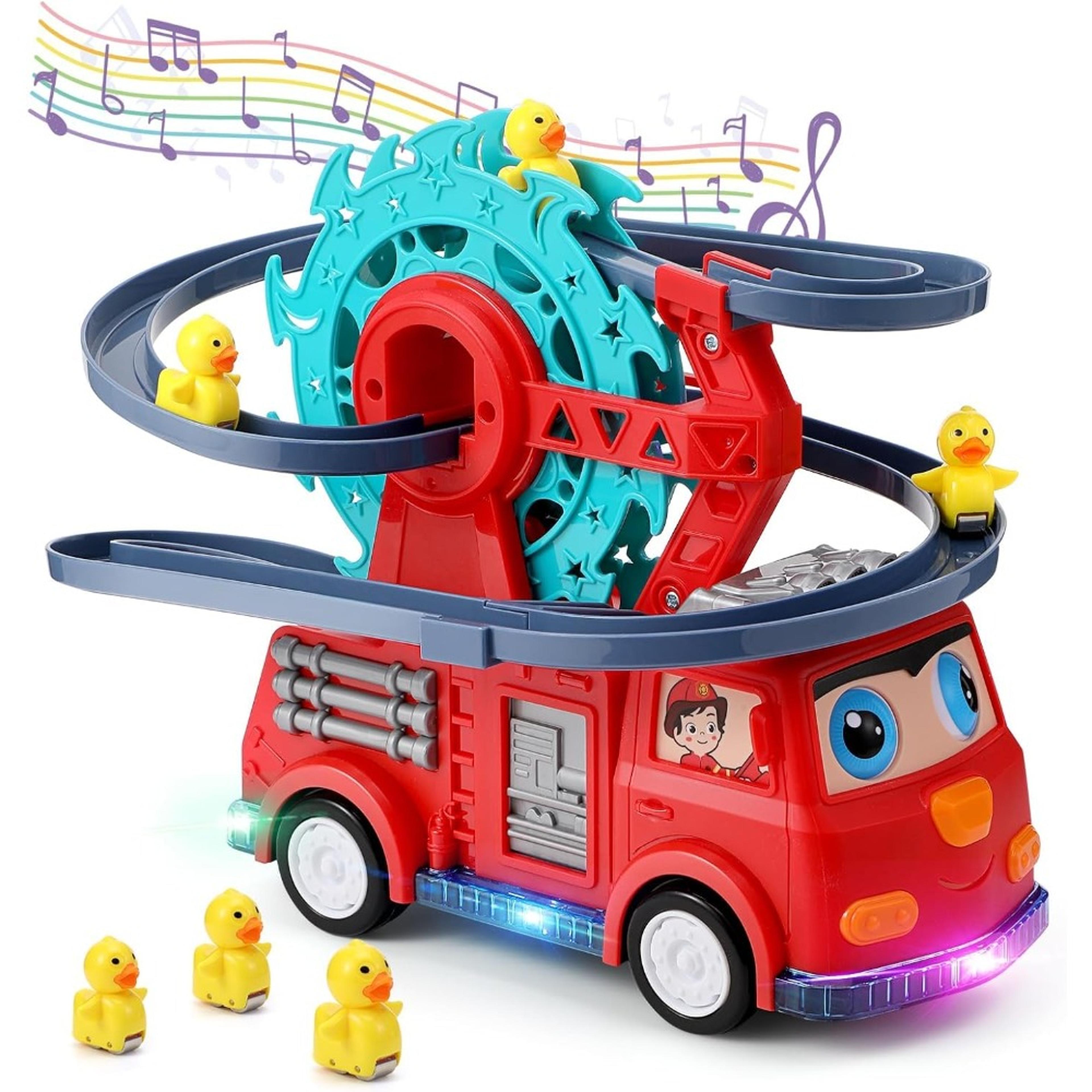 interactive fire engine slide toy, toddler playset with music & light, racing track ferris wheel birthday gift for kids