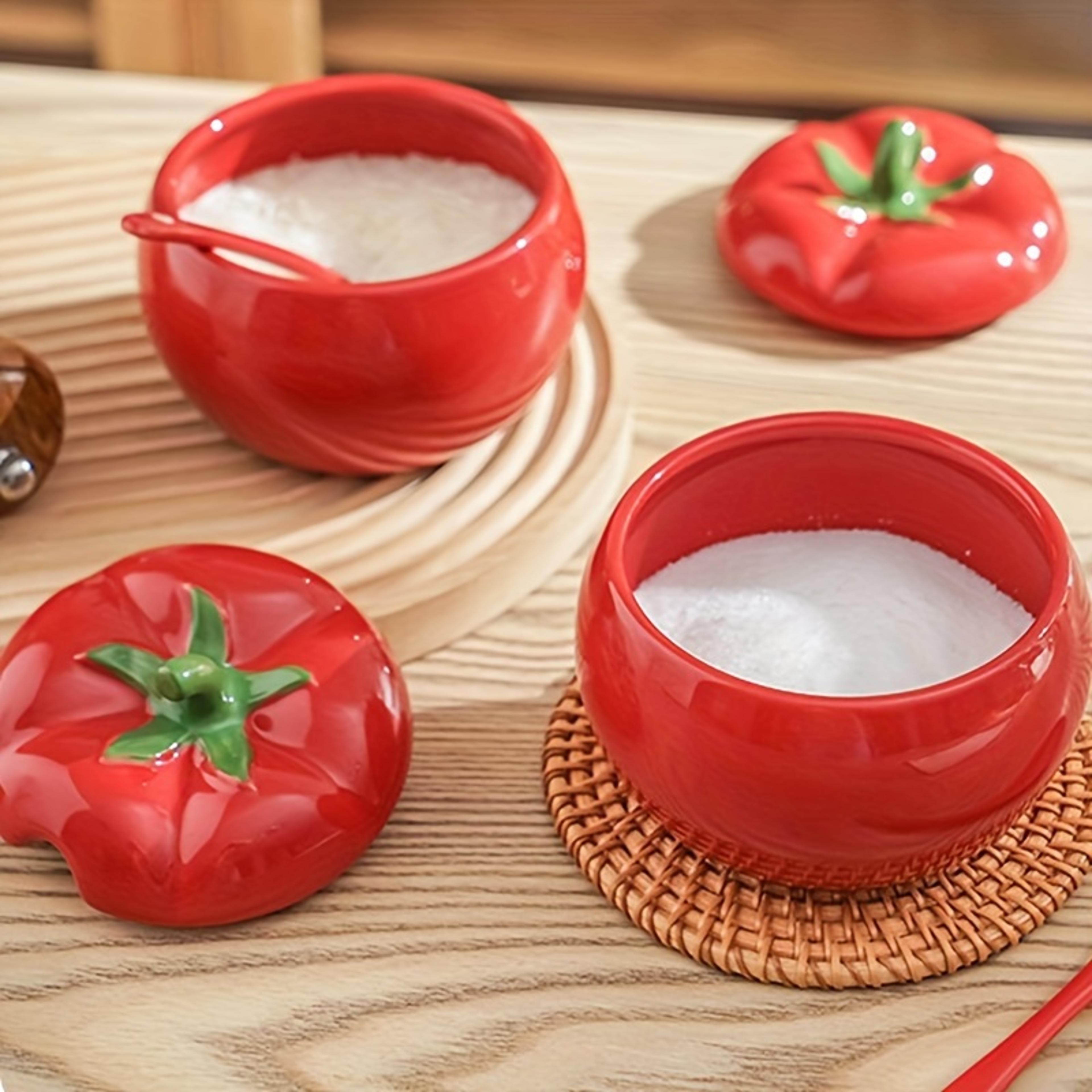 tomato ceramic sugar bowl with spoon, storage spice jar, kitchen dining table seasoning container, christmas decorative