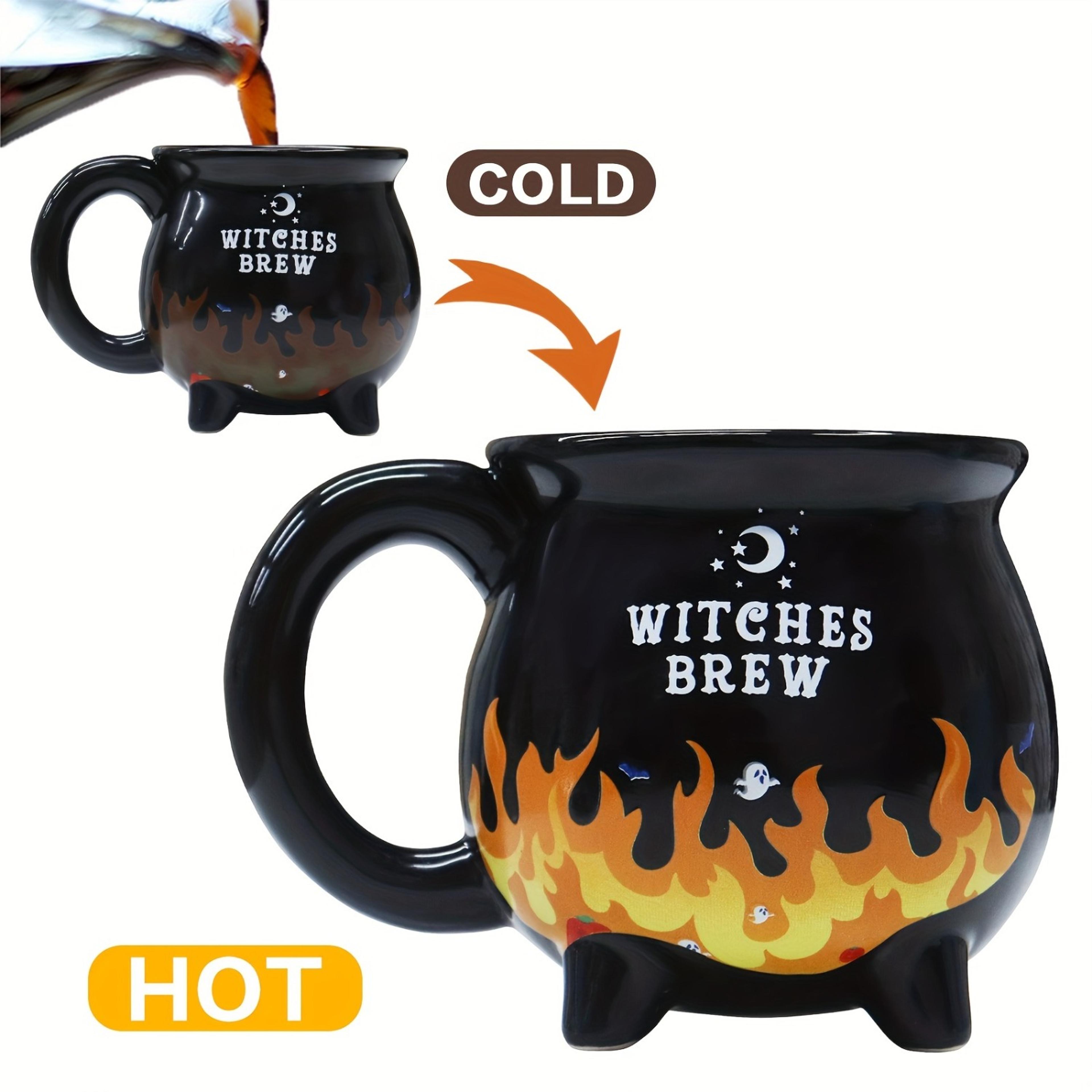 witches brew cauldron mug, ceramic heat sensitive cup, color changing stoneware