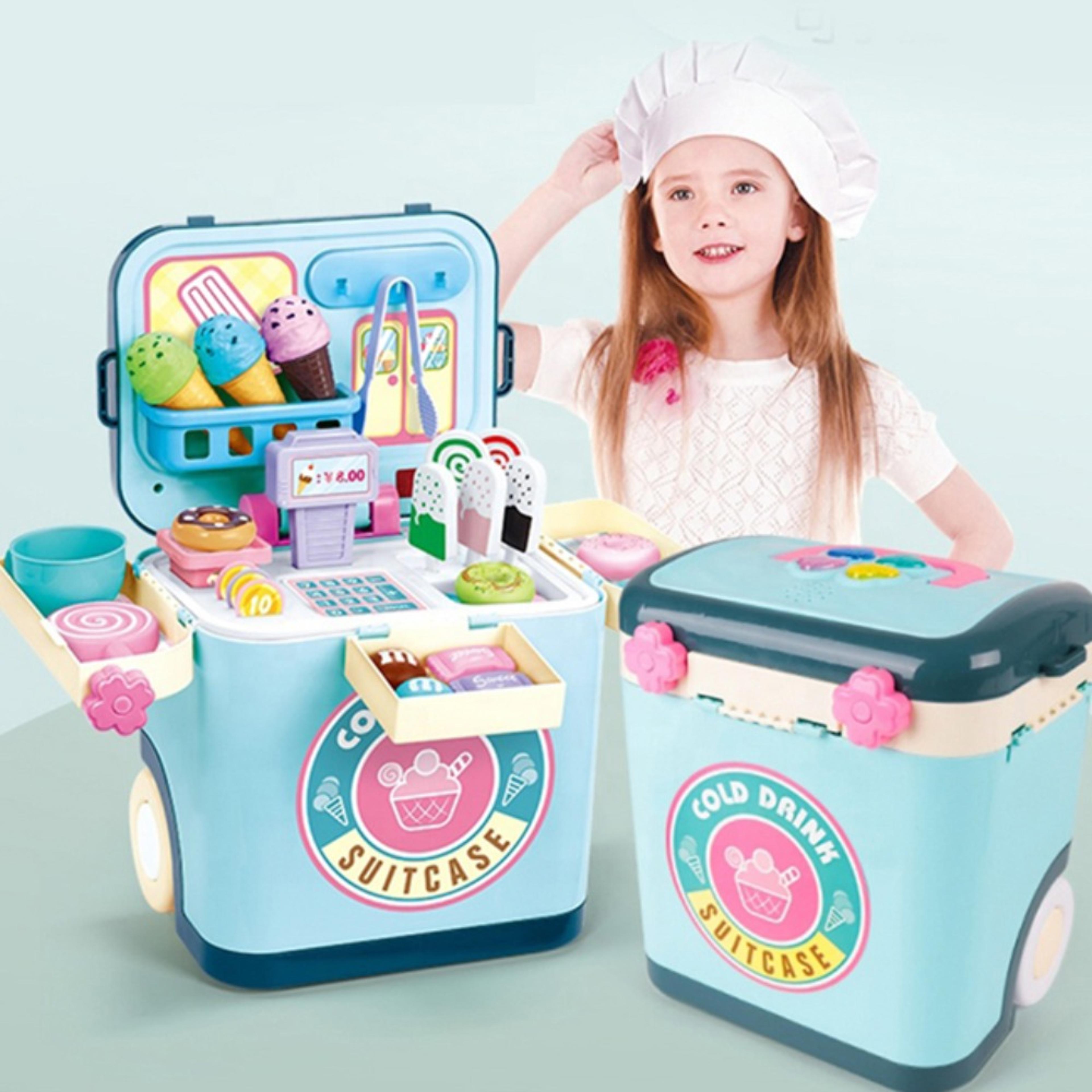 pretend play ice cream shop set suitcase, dessert cart toys, storage trolley table, fun gift for kids boys girls