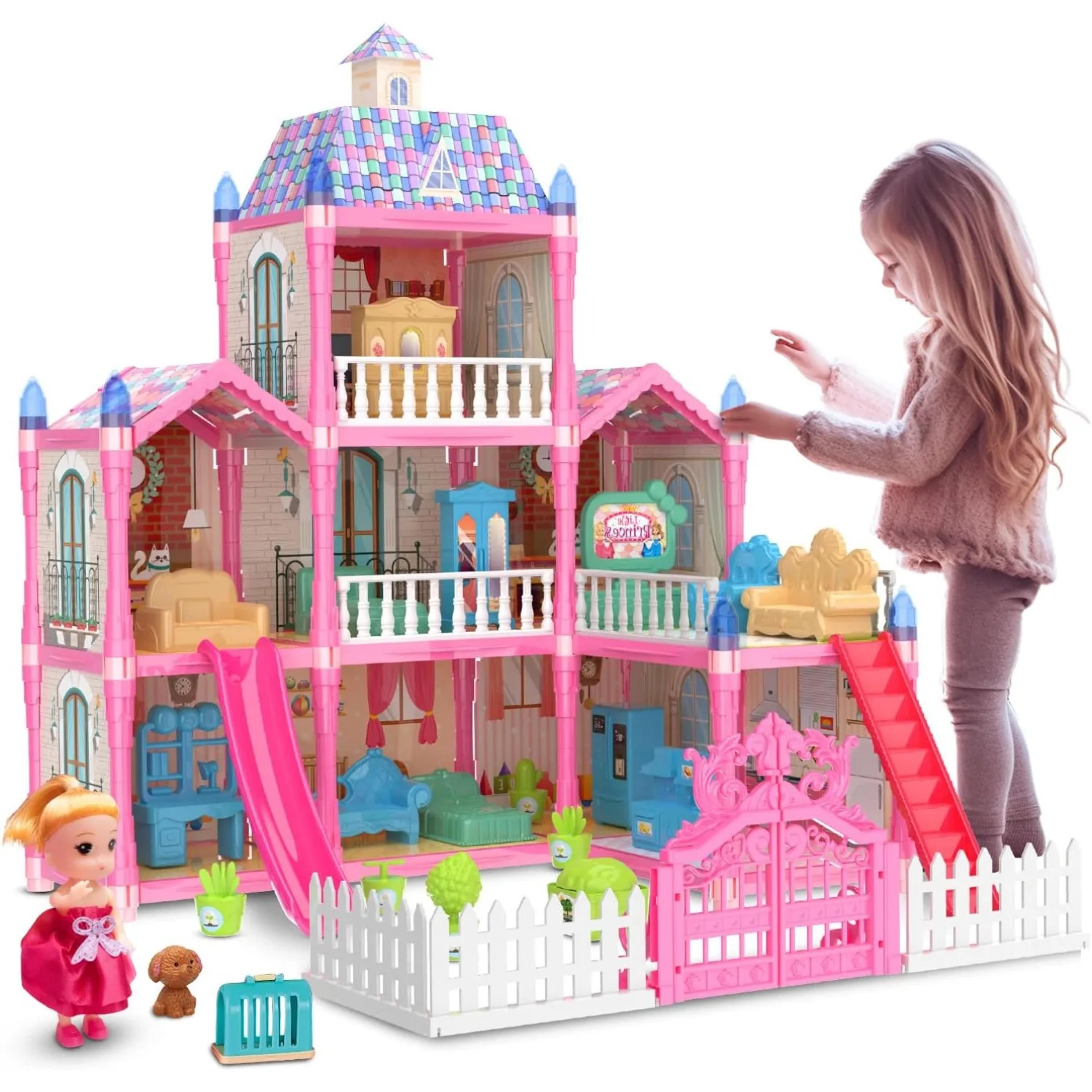 princess playhouse set, luminous doll house dreamhouse for girls with dolls, furniture & pretend play accessories