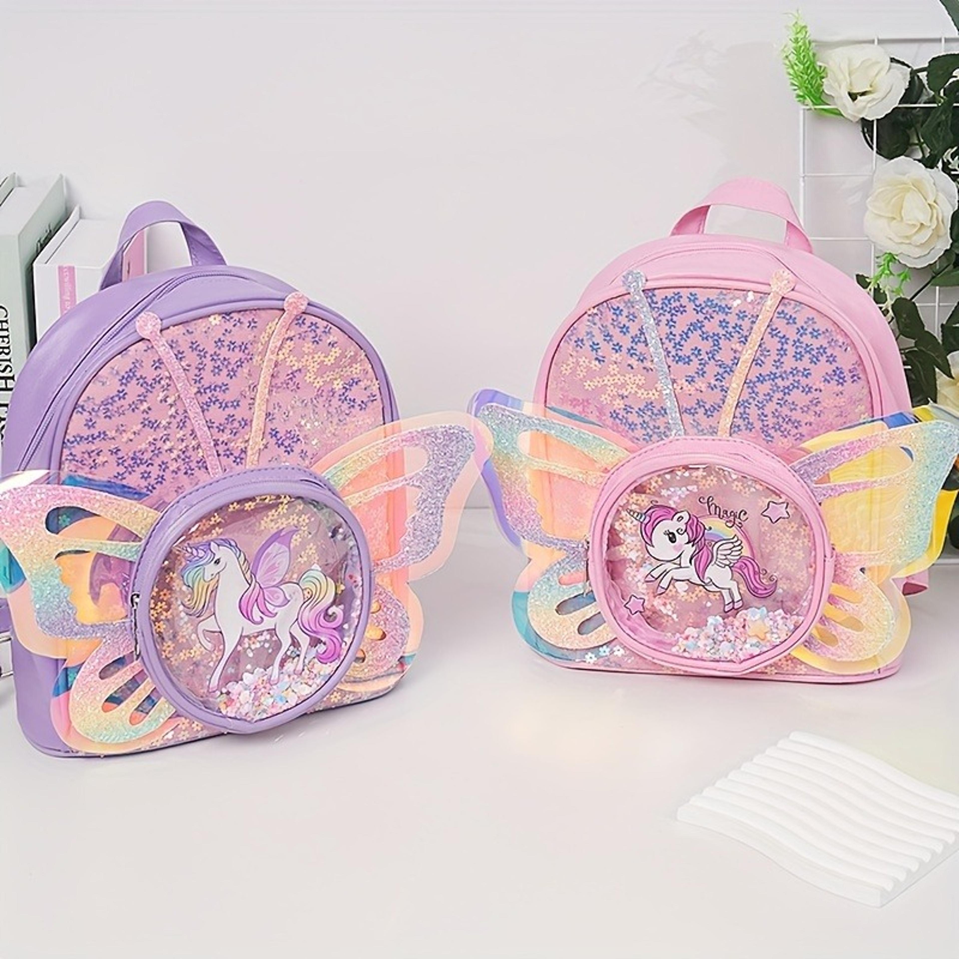 girls cartoon unicorn sequin schoolbag, transparent butterfly wings backpack for toddlers, waterproof bookbag