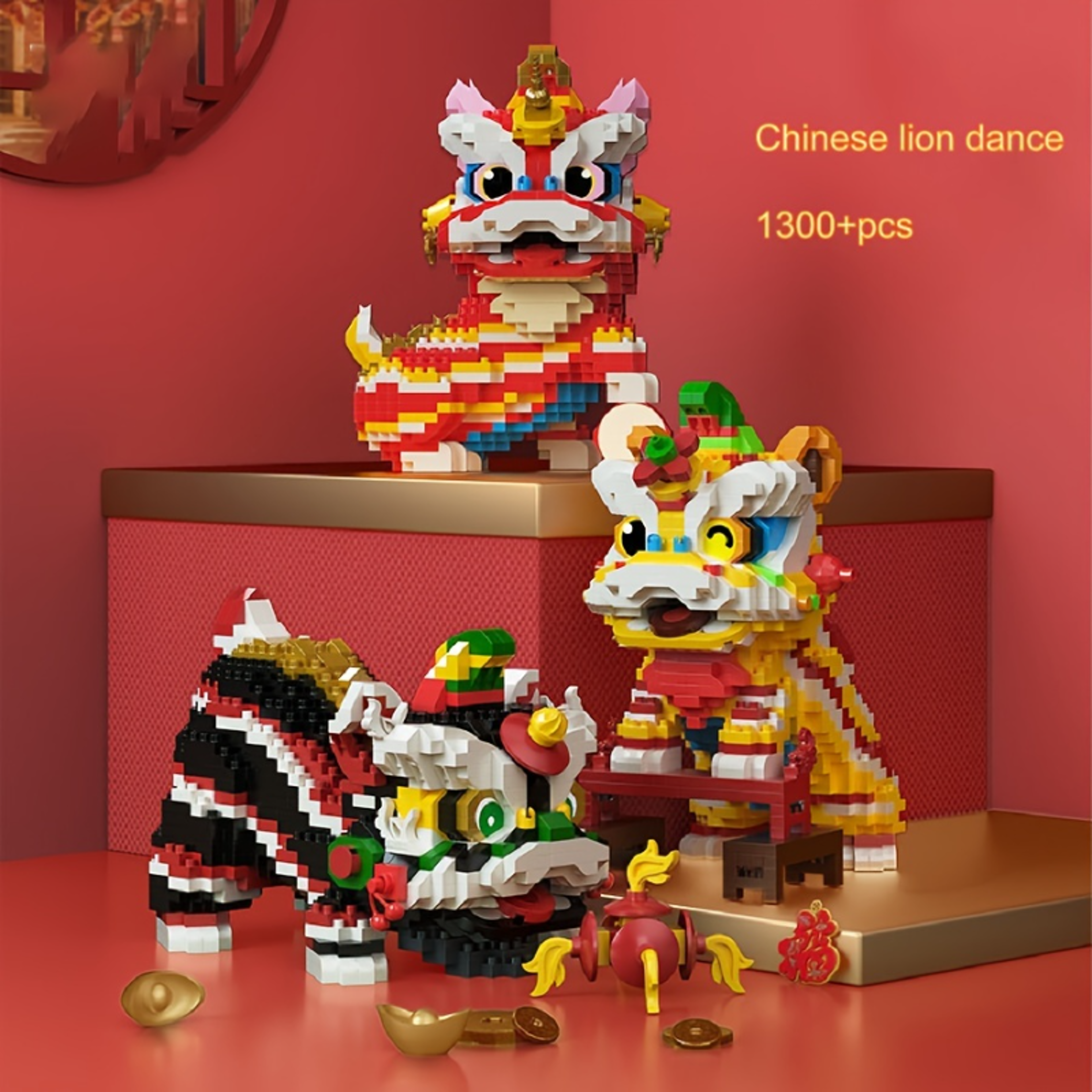 chinese style lion dance ornaments toy, creative building blocks small particle assembled toys