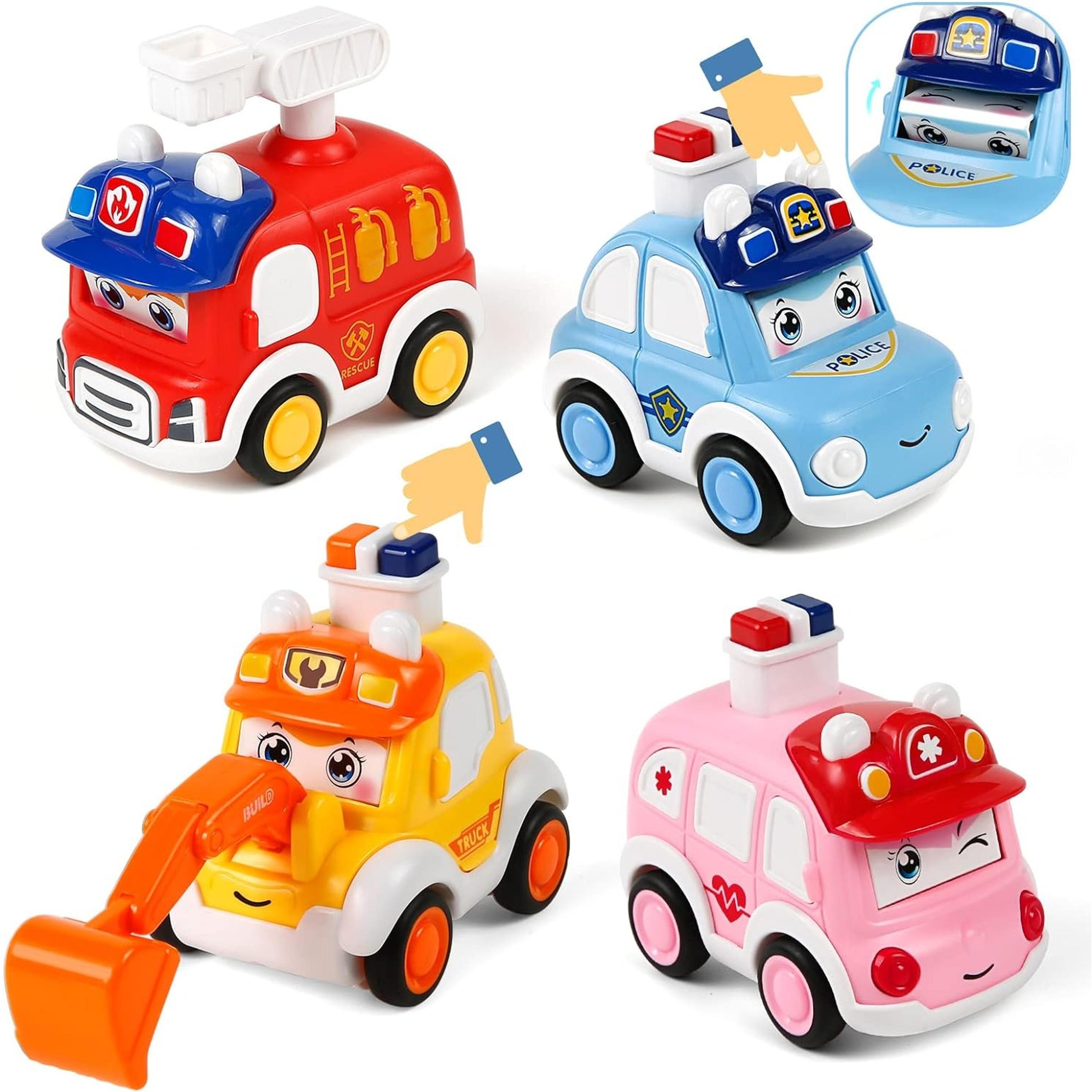 press and go baby animal car toys, police car, fire truck, construction truck, ambulance for kids, toddler vehicle toy
