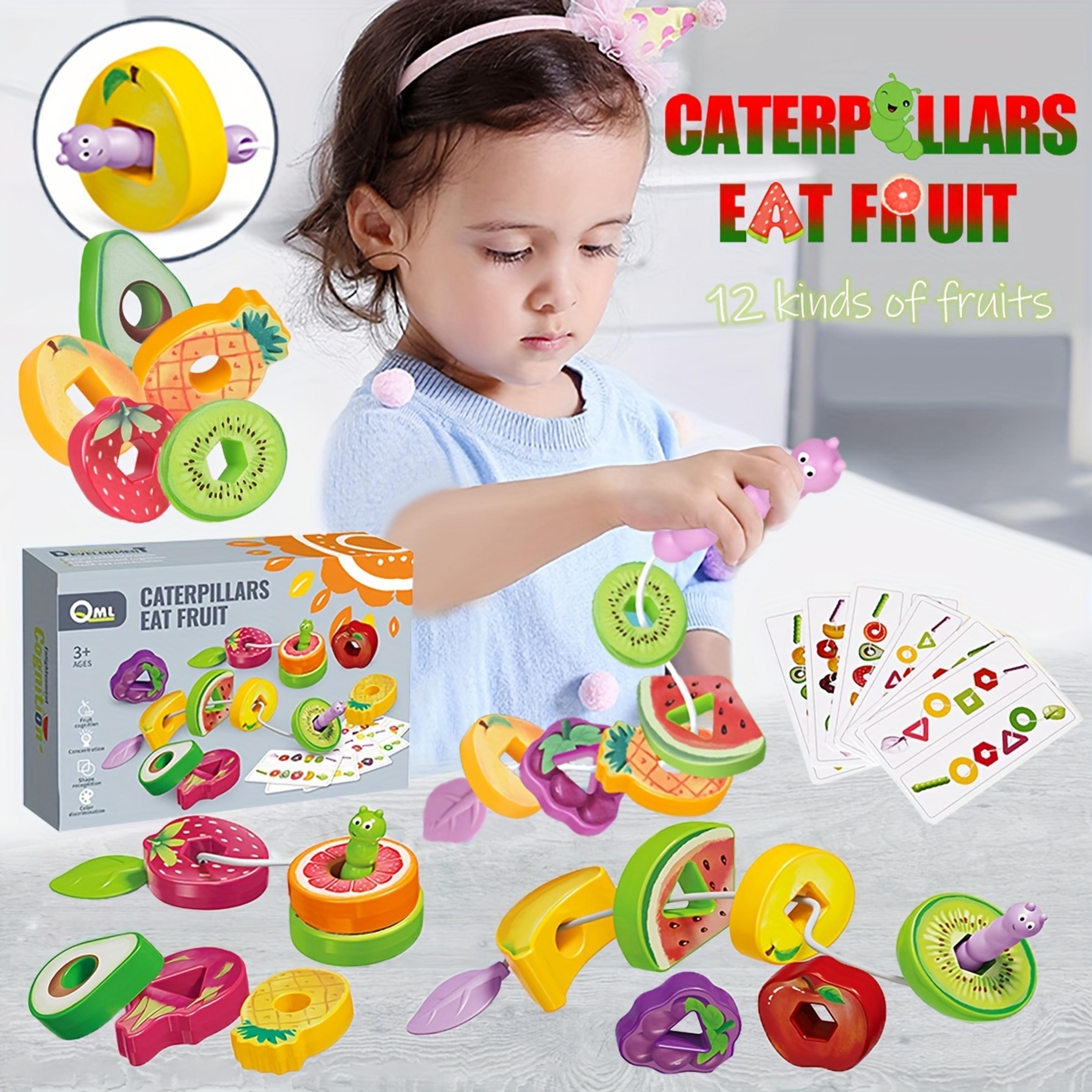 montessori wooden animals caterpillar eat fruits, toddler preschool lacing toys for kids