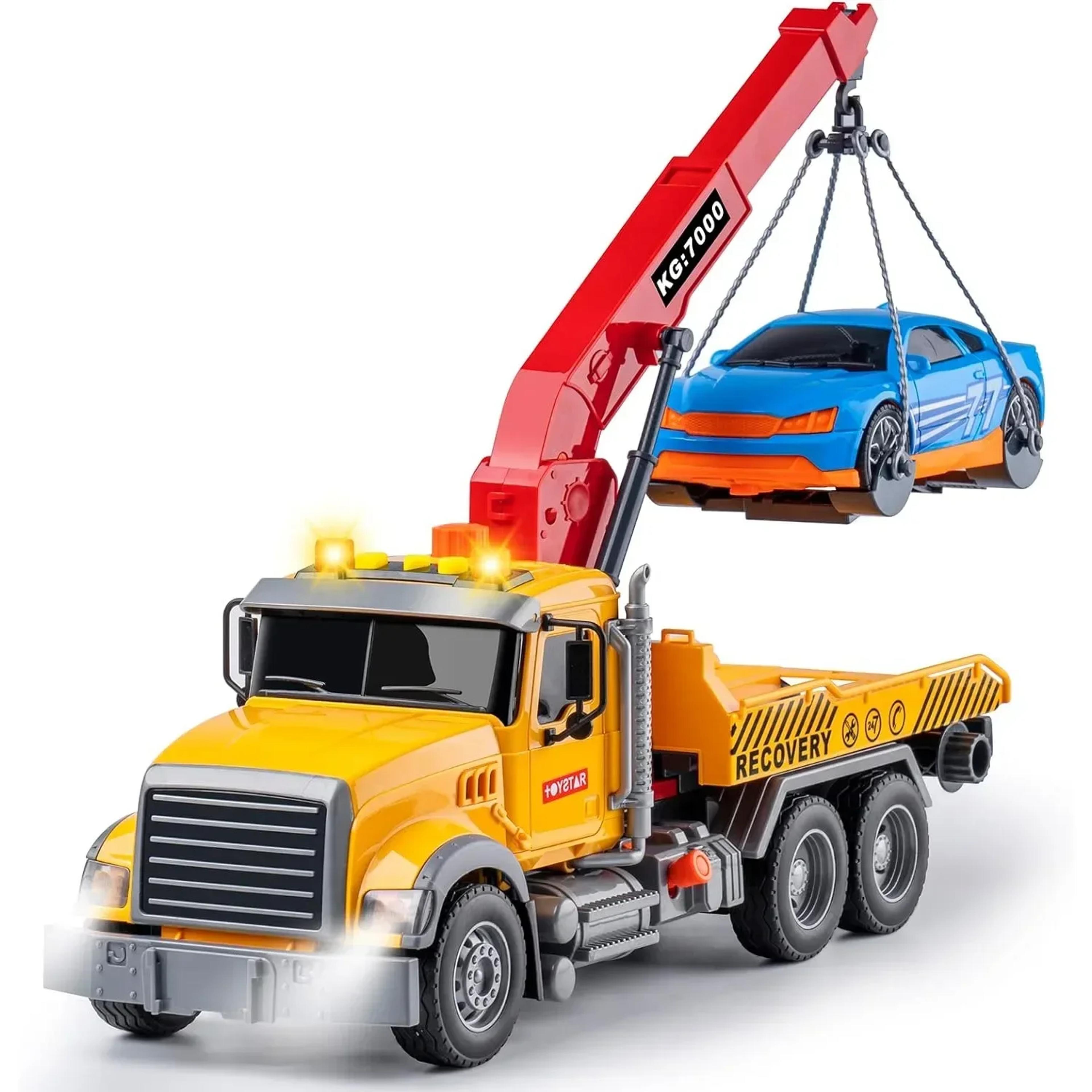 tow truck toy for kids – friction powered tow vehicle with light & sound, trailer & hook, ideal for boys