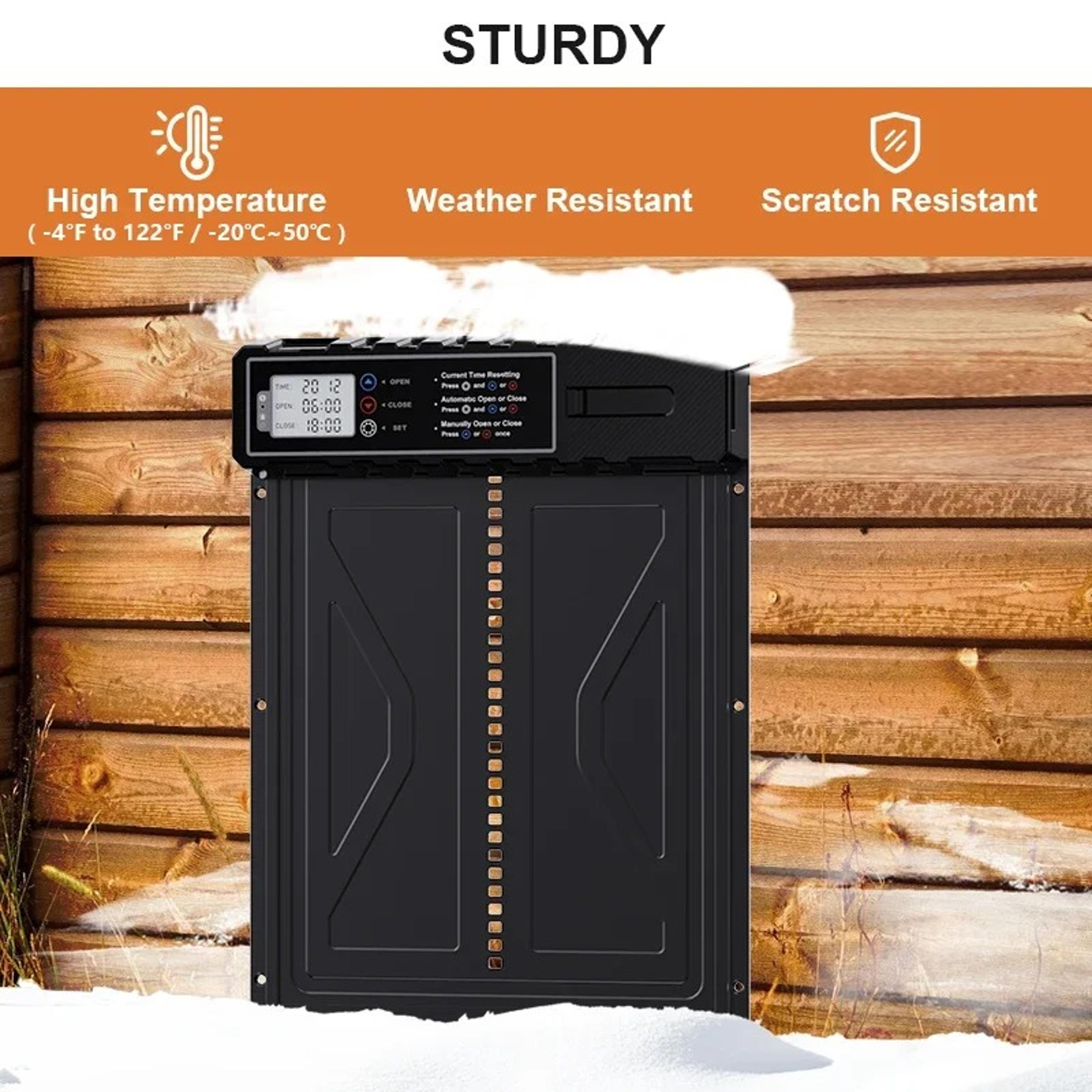 automatic chicken coop door with timer and lcd screen - fox proof, powered by aa batteries