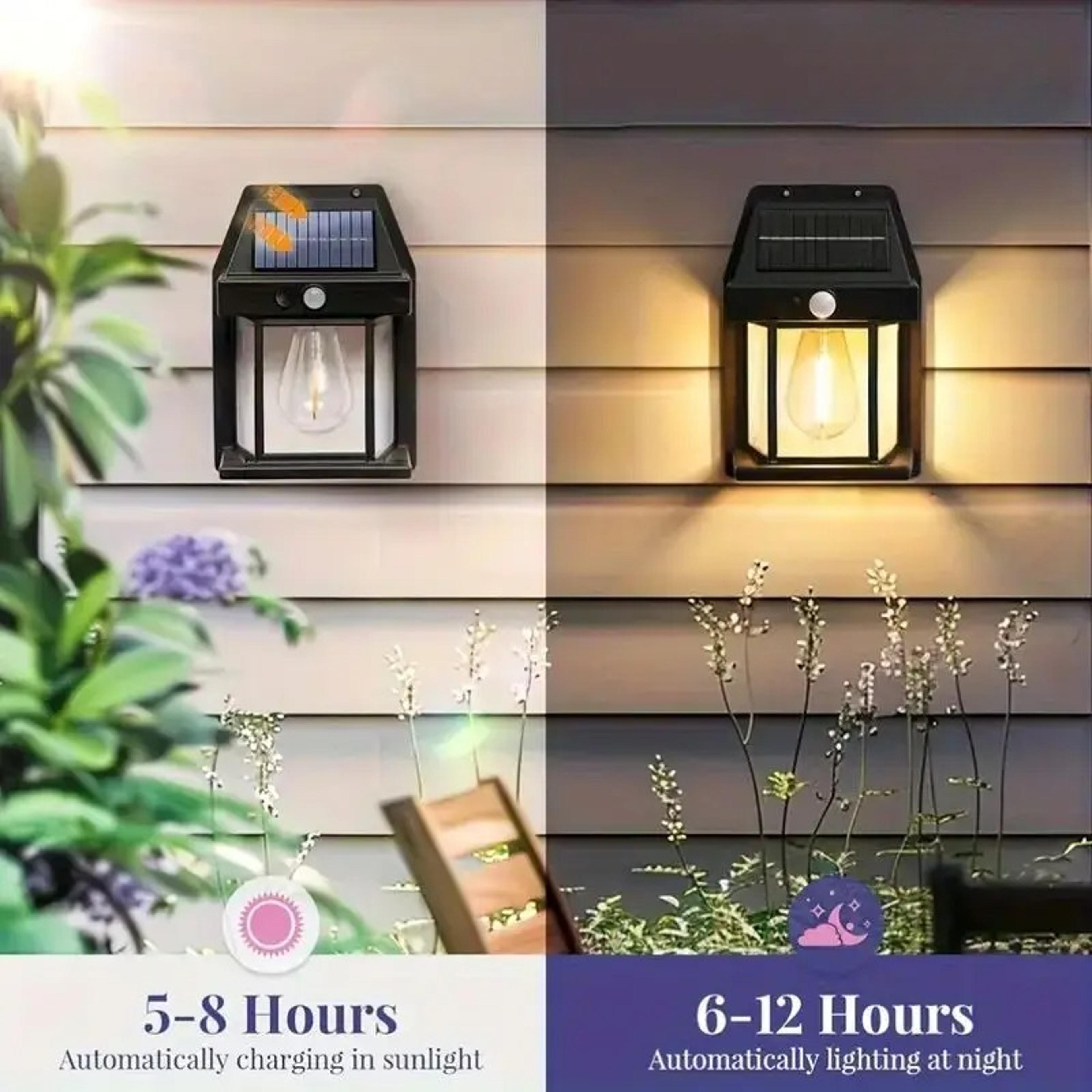 solar wall lights with motion sensor lantern for outdoor courtyards, porches, and decks