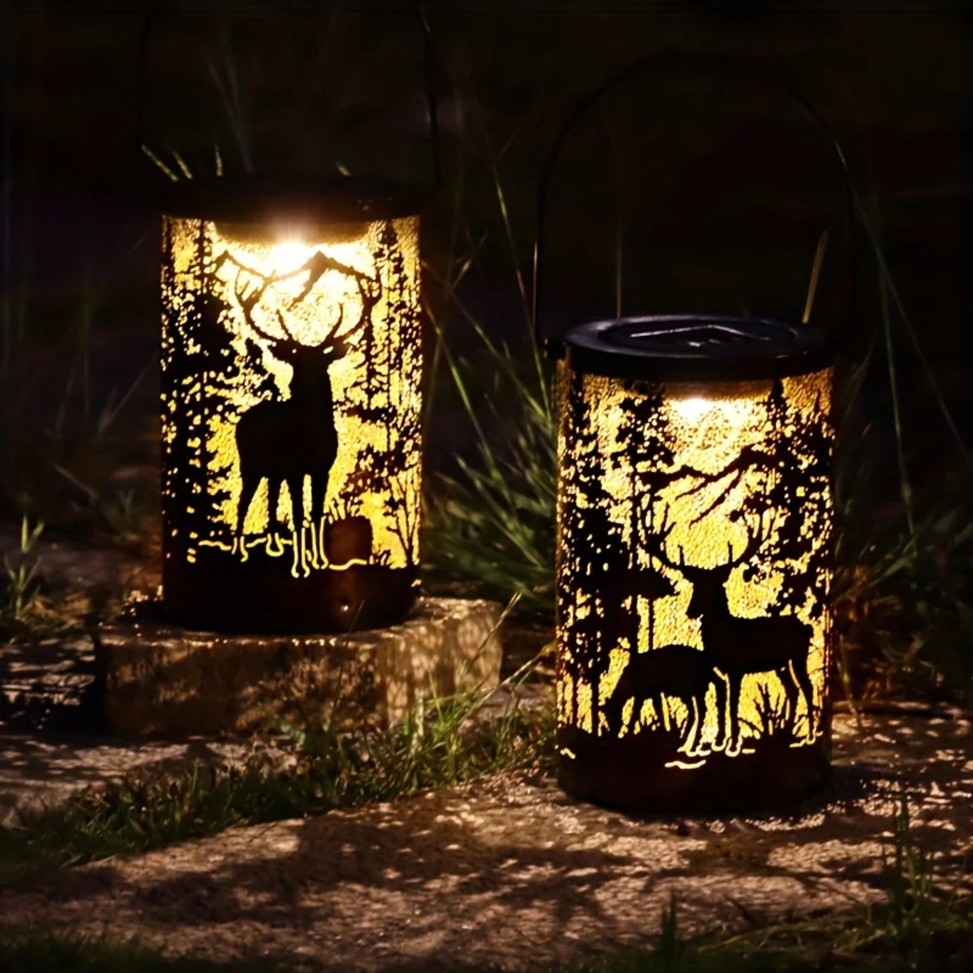 solar lantern with deer and forest pattern – hollow projection light for outdoor garden decor