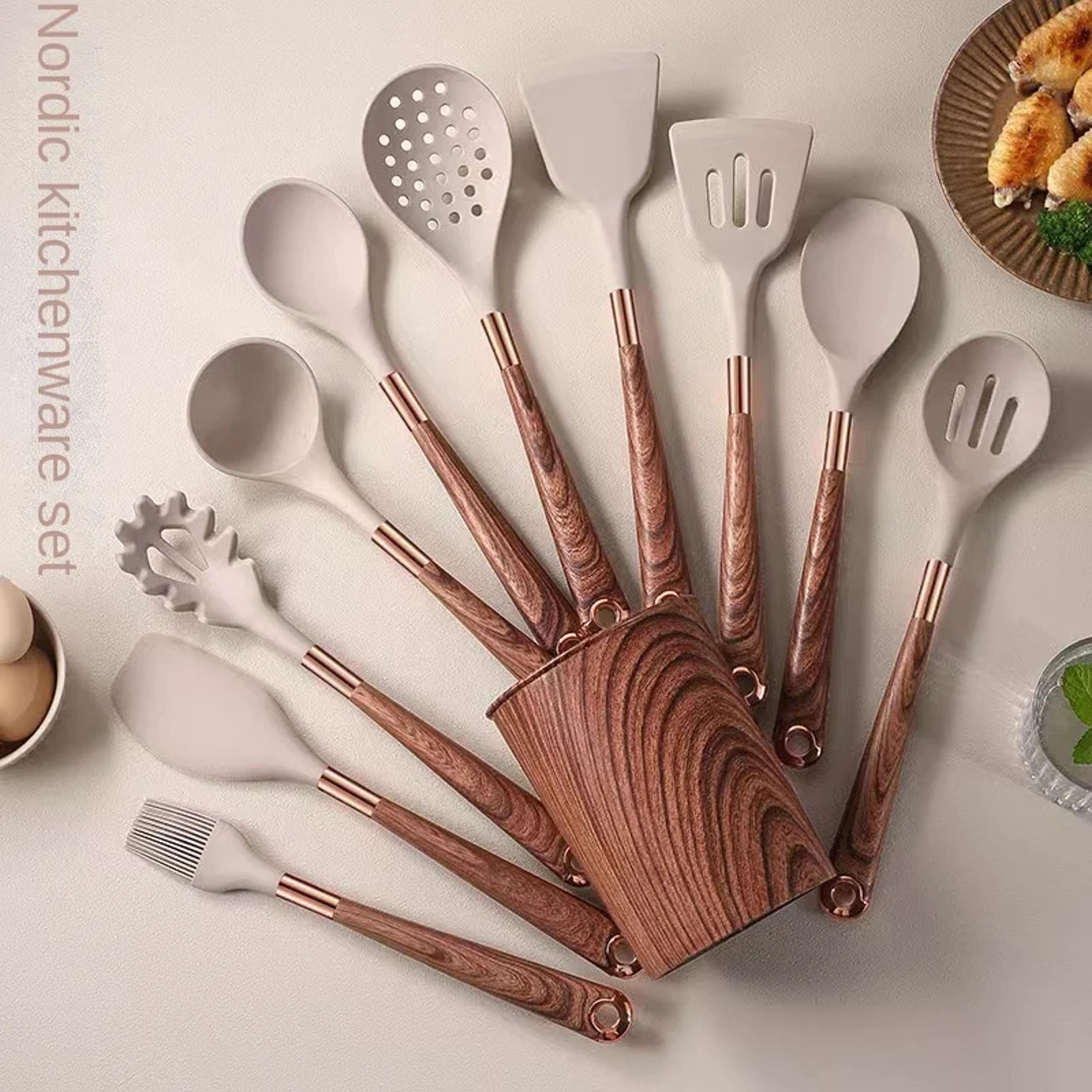 premium silicone kitchen utensils set with gold-plated wood grain handles - spatula, spoons, cooking tools