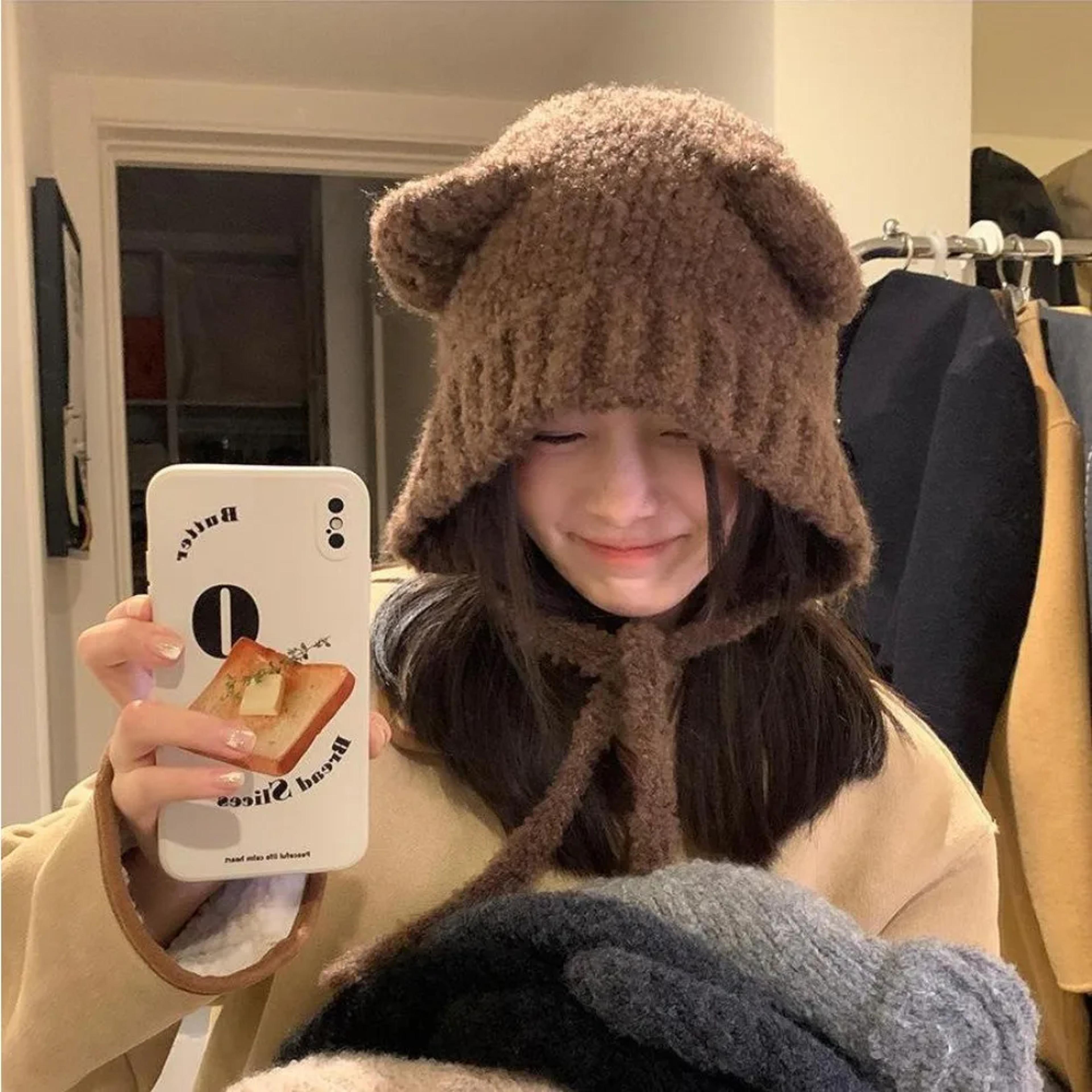 cute girl knit ear protection hat – bear women earmuffs cap, woolen crochet bonnet, solid color hood beanies, winter