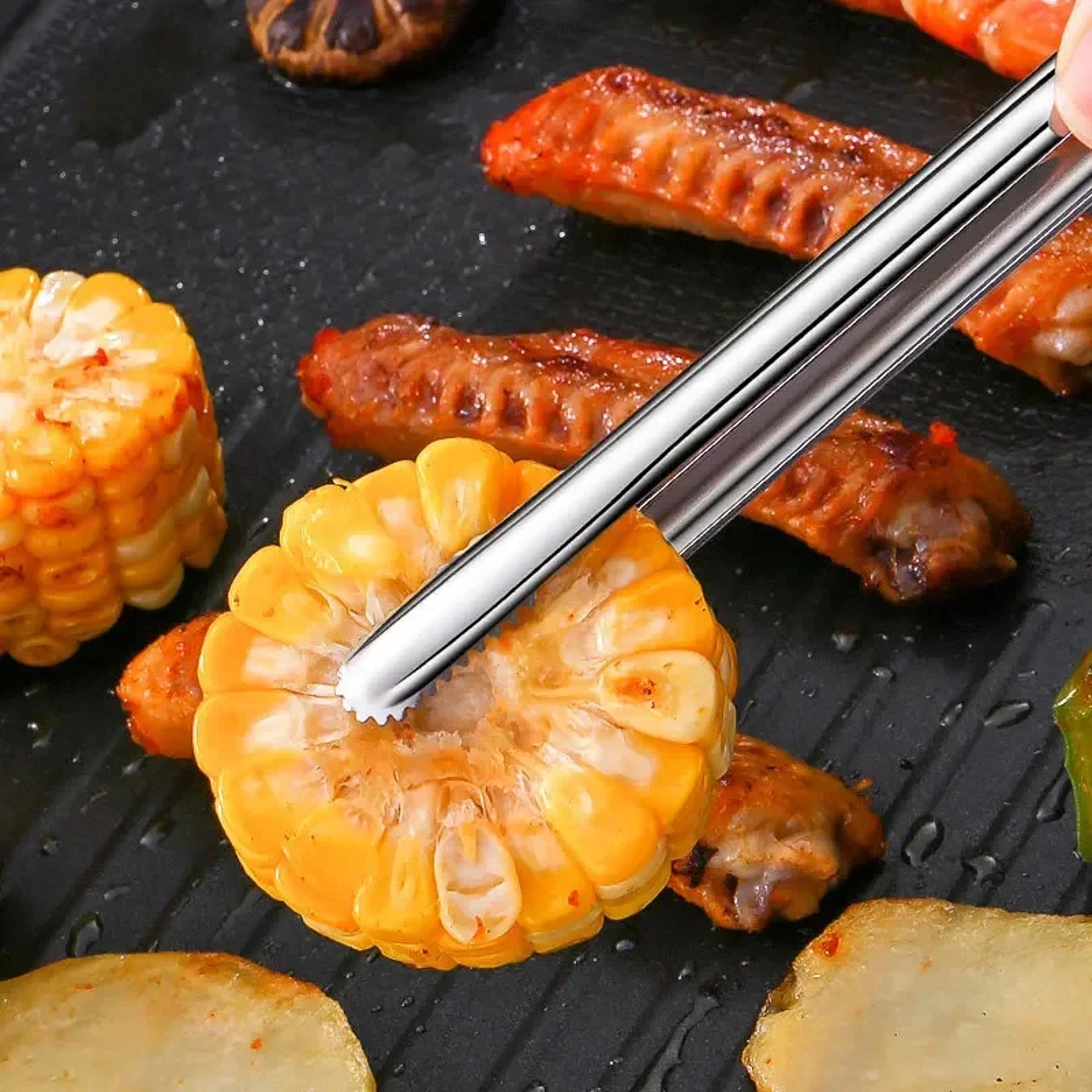 premium stainless steel bbq tongs - non-slip food clip for cooking, grilling & parties