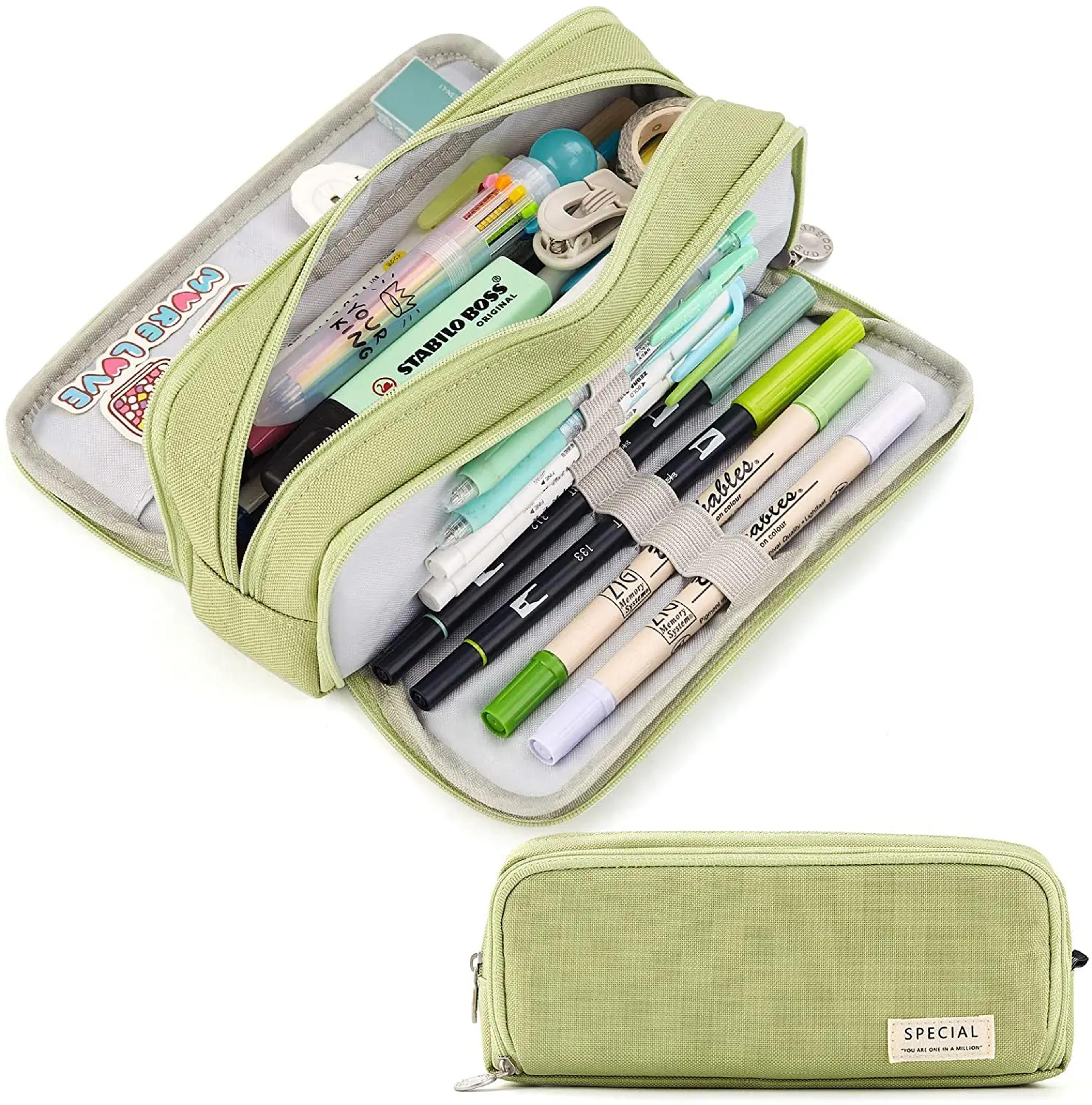 large storage pencil case compartment bag with double-side open design, student stationery desk organizer for school