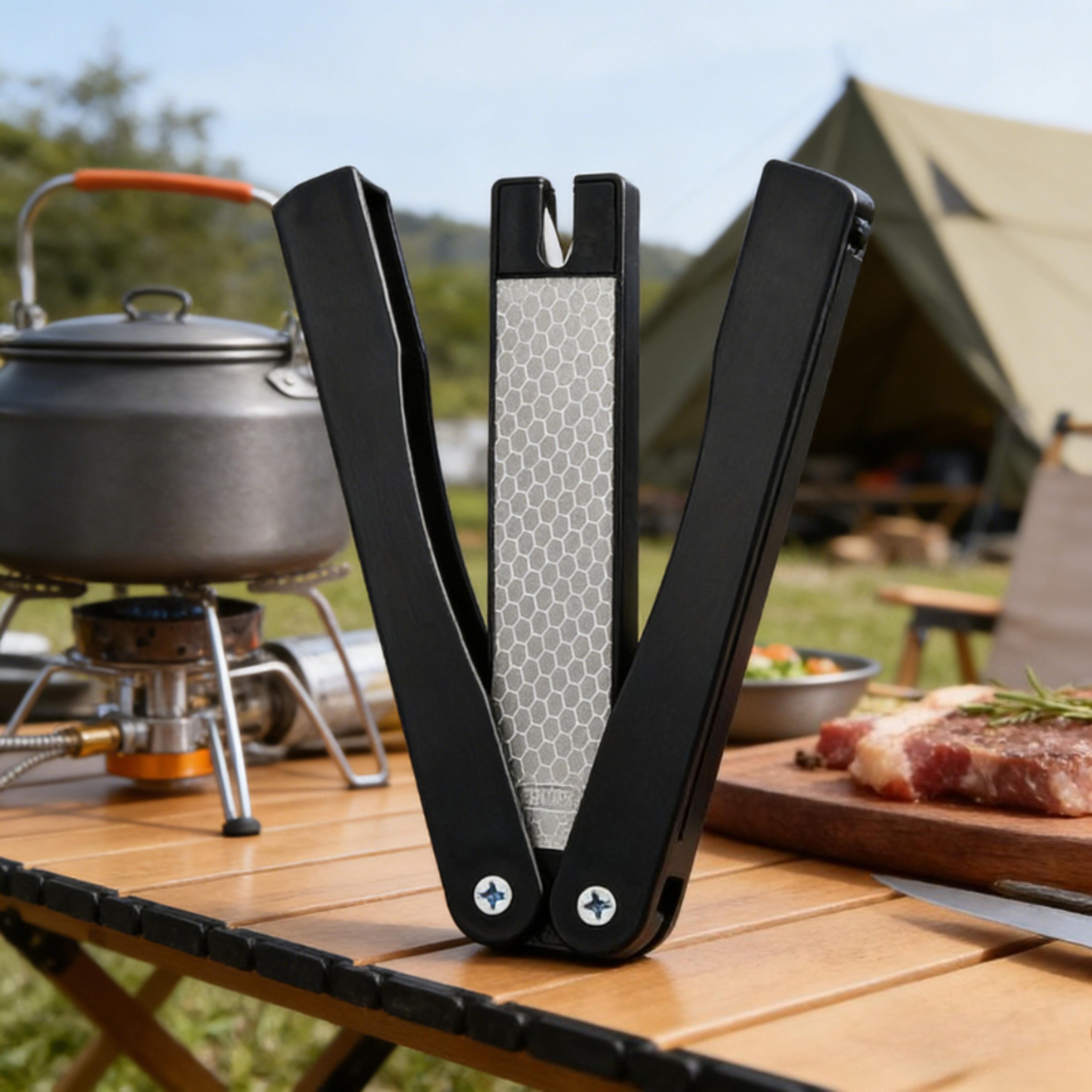 portable foldable diamond knife sharpener – ideal for kitchen, camping, hiking, and outdoor use – non-slip handle