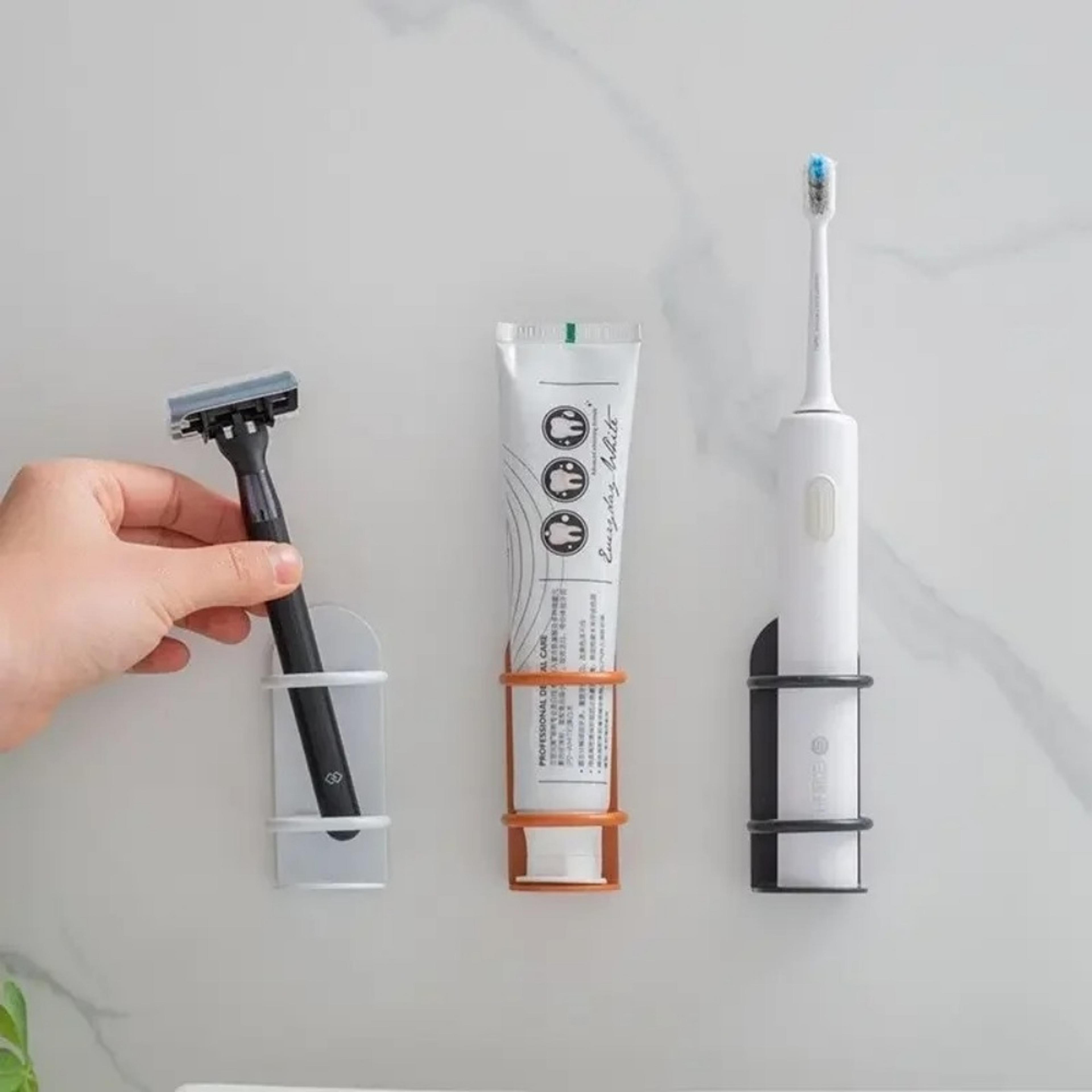 wall-mounted toothbrush holder with razor storage, punch-free bathroom organizer shelf
