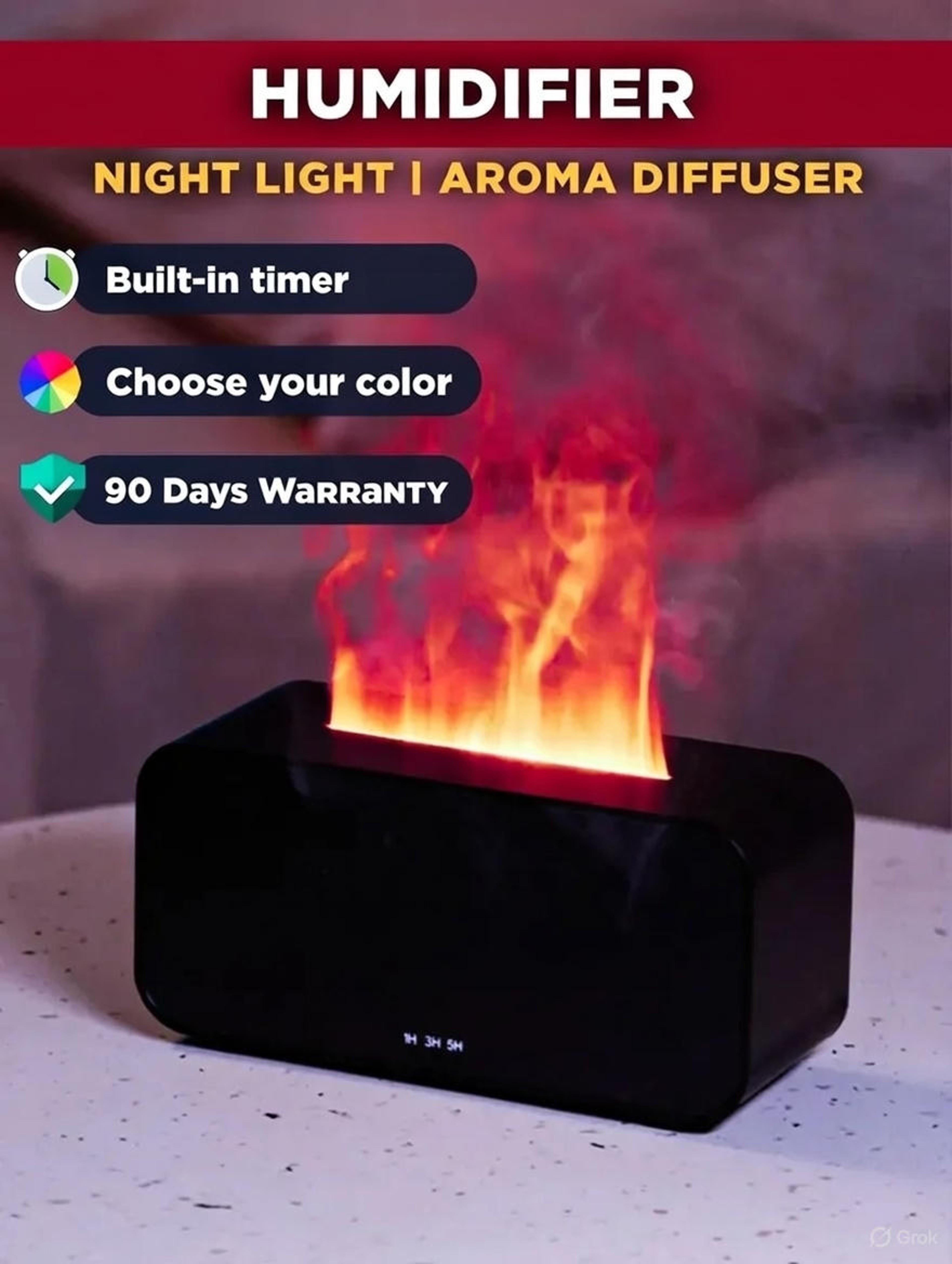 mini flame effect aroma diffuser - ultrasonic humidifier with color night light and timer for essential oils