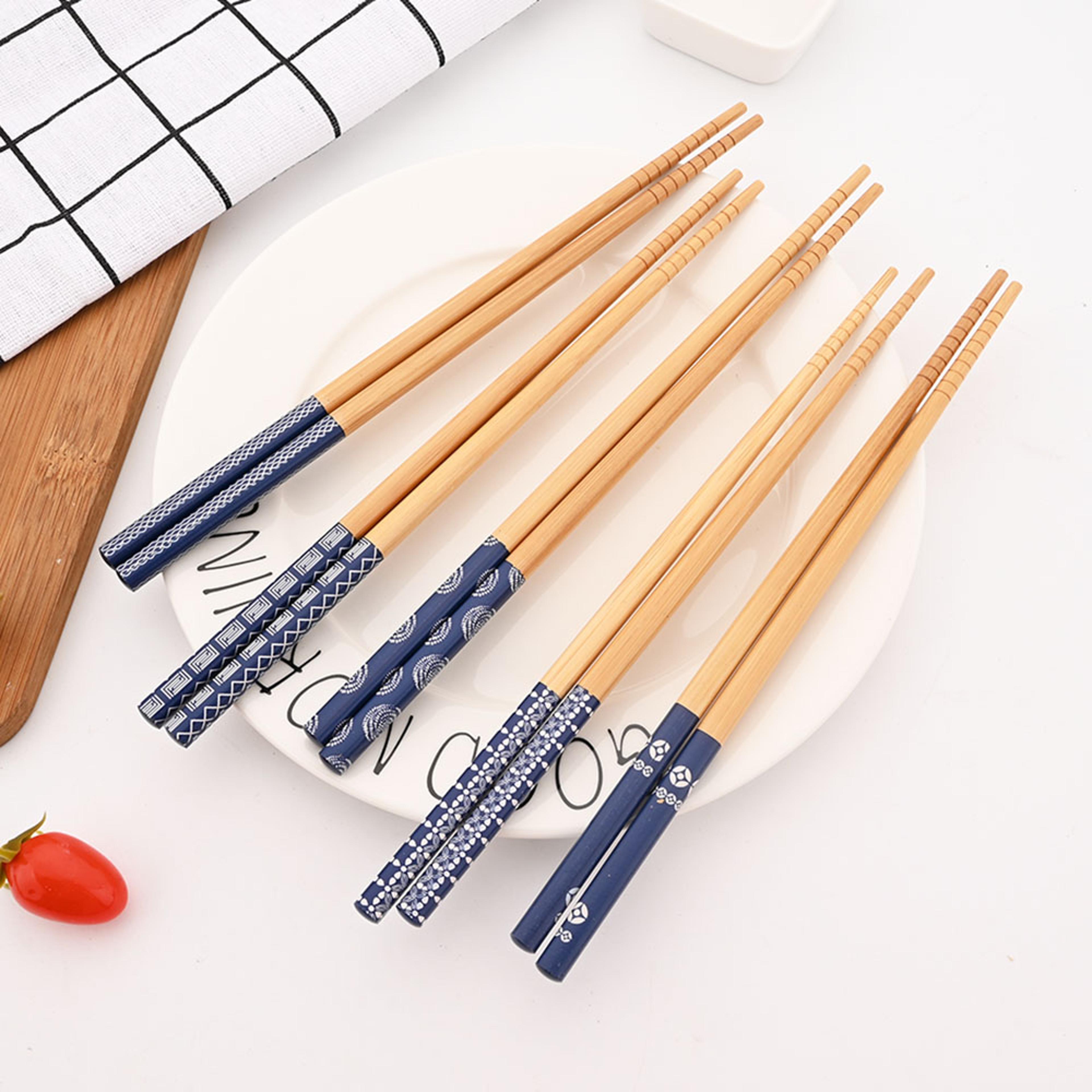reusable bamboo chopsticks set - handmade japanese natural wood - multi-color cat & flower design