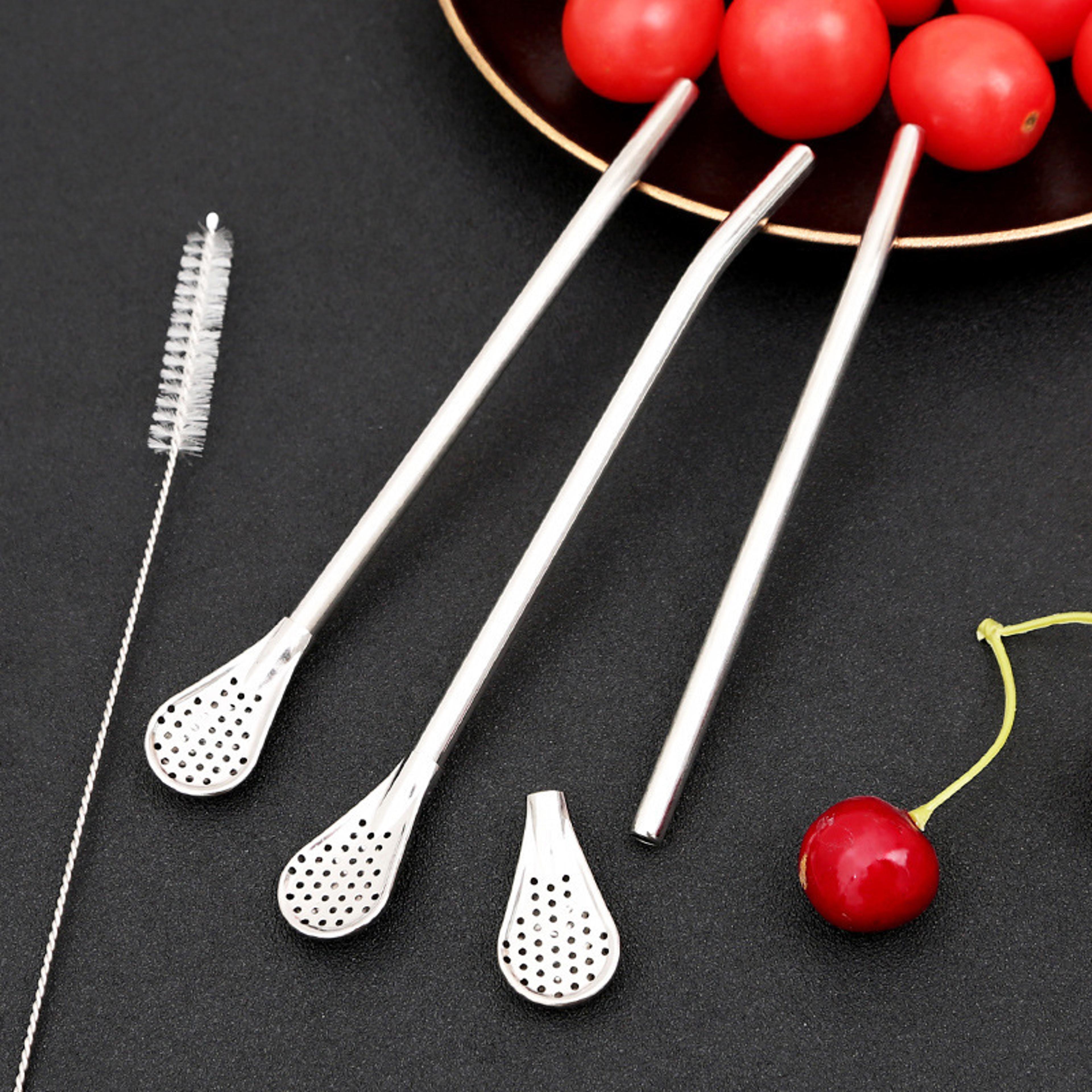 reusable stainless steel drinking straw spoon with brush - detachable tea filter for drinks, bar, and party use