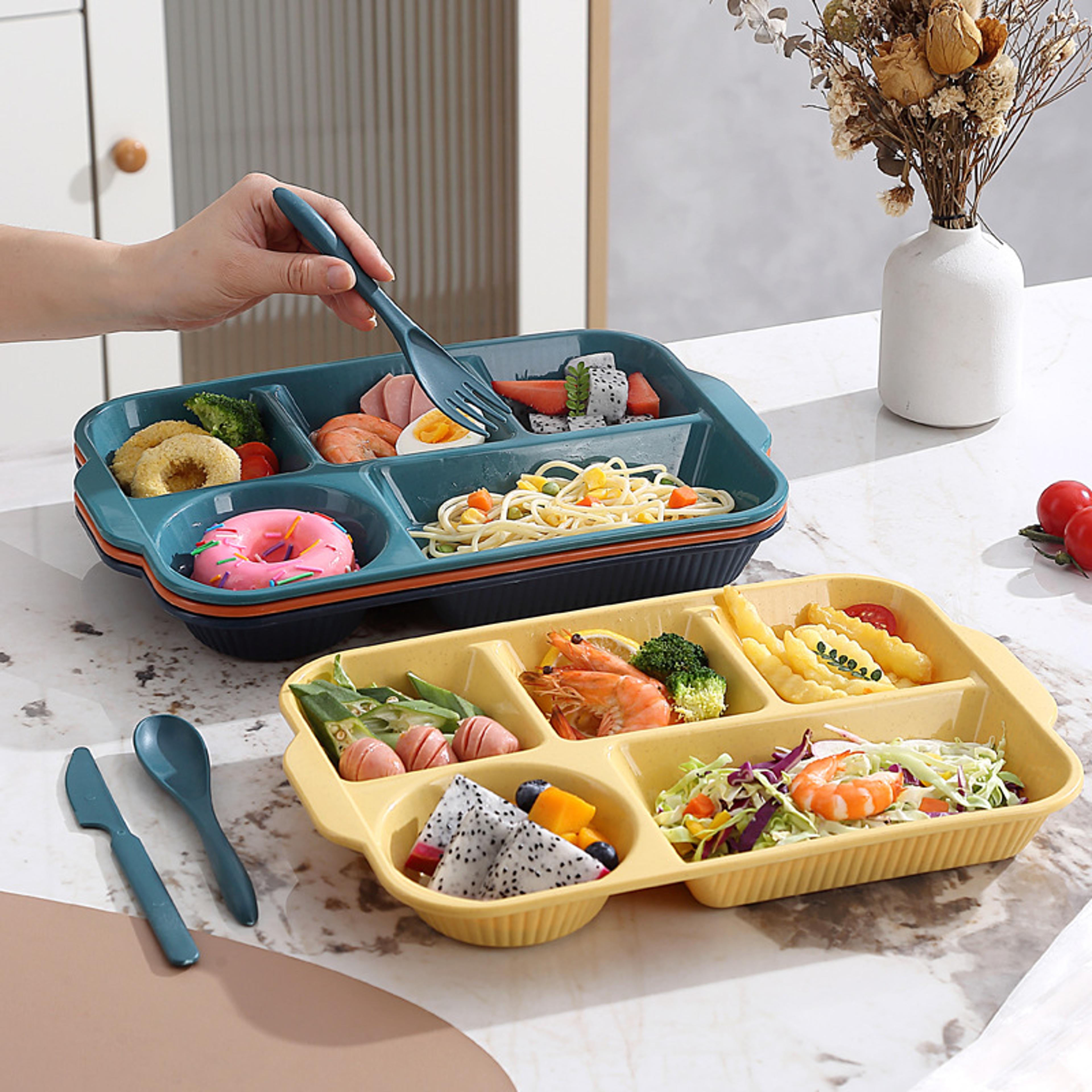 portable grid meal box with knife, fork, and spoon - food grade pp rectangular divided lunchbox
