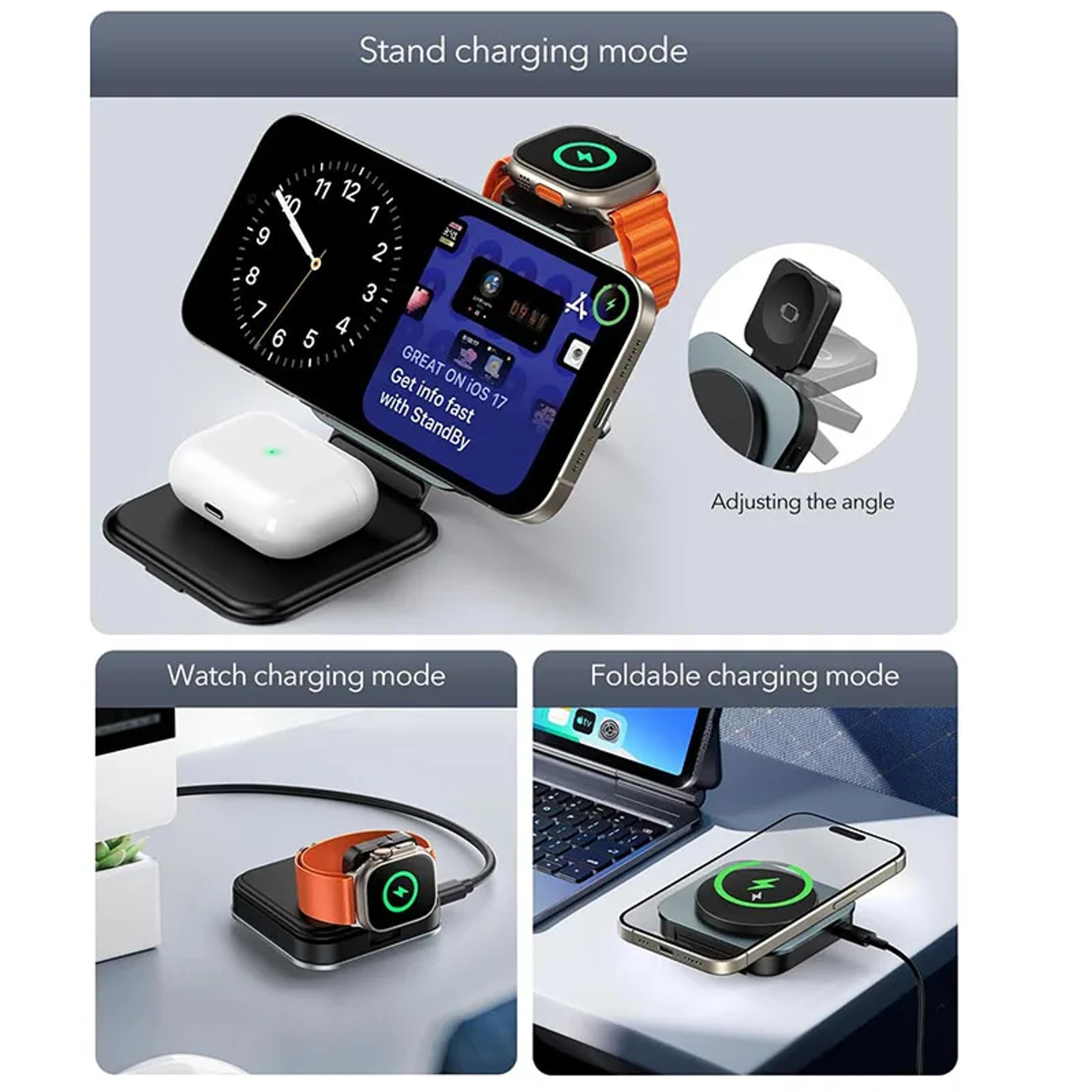 magnetic wireless charging pad for iphone pro max, iwatch and airpods - foldable fast charging stan
