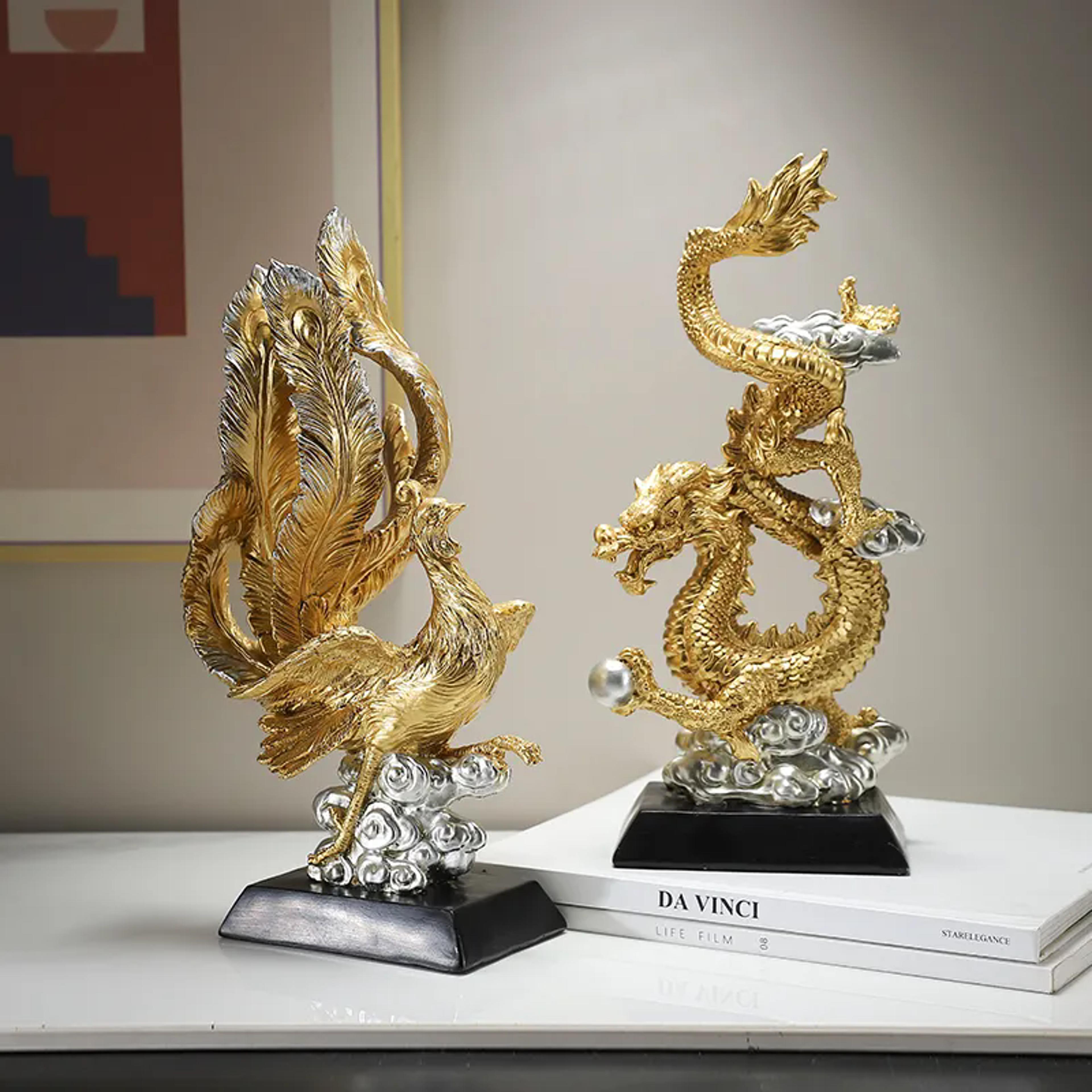 dragon phoenix resin sculpture elegant home office desk ornament