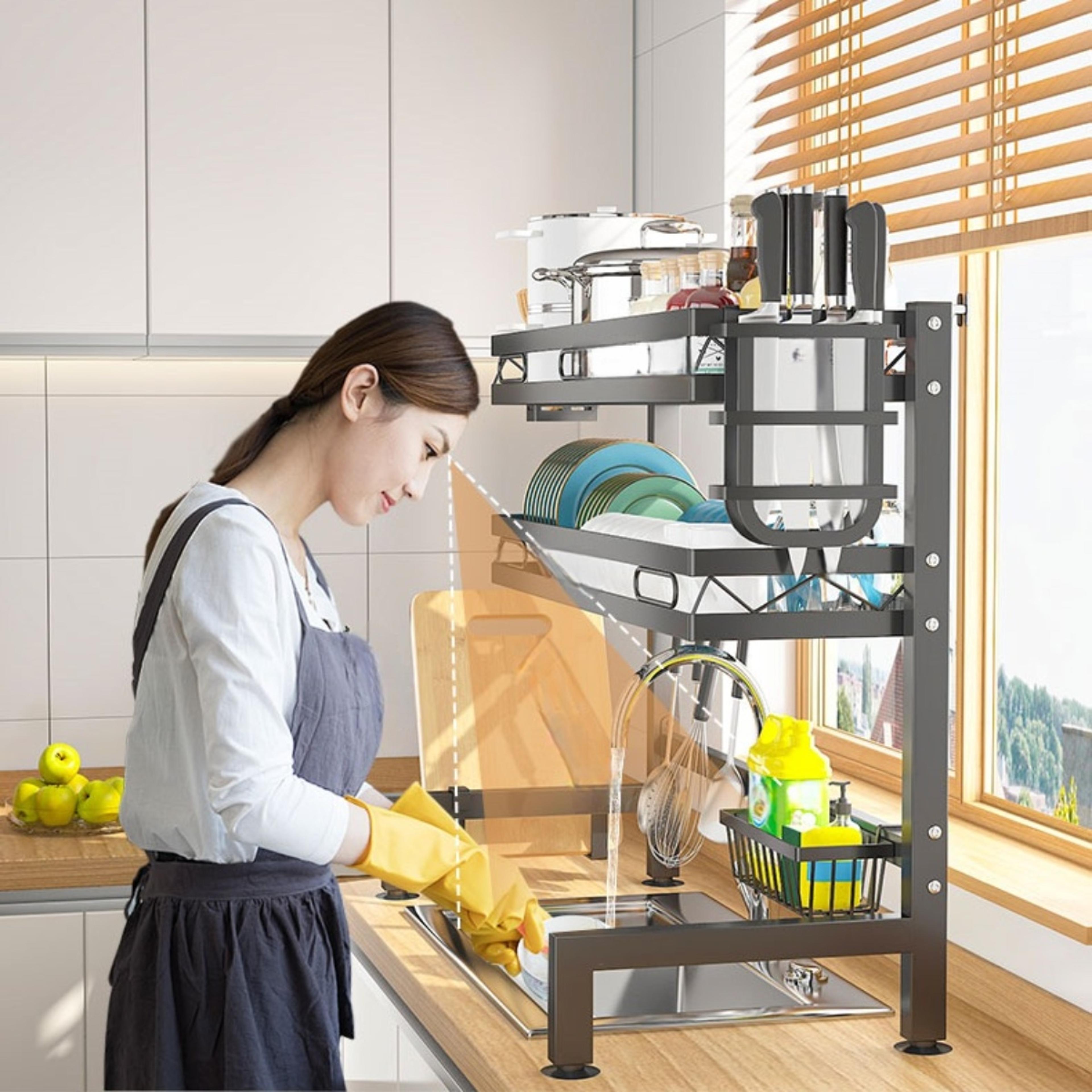over-the-sink dish drying rack with utensil & sponge holders, kitchen storage organizer