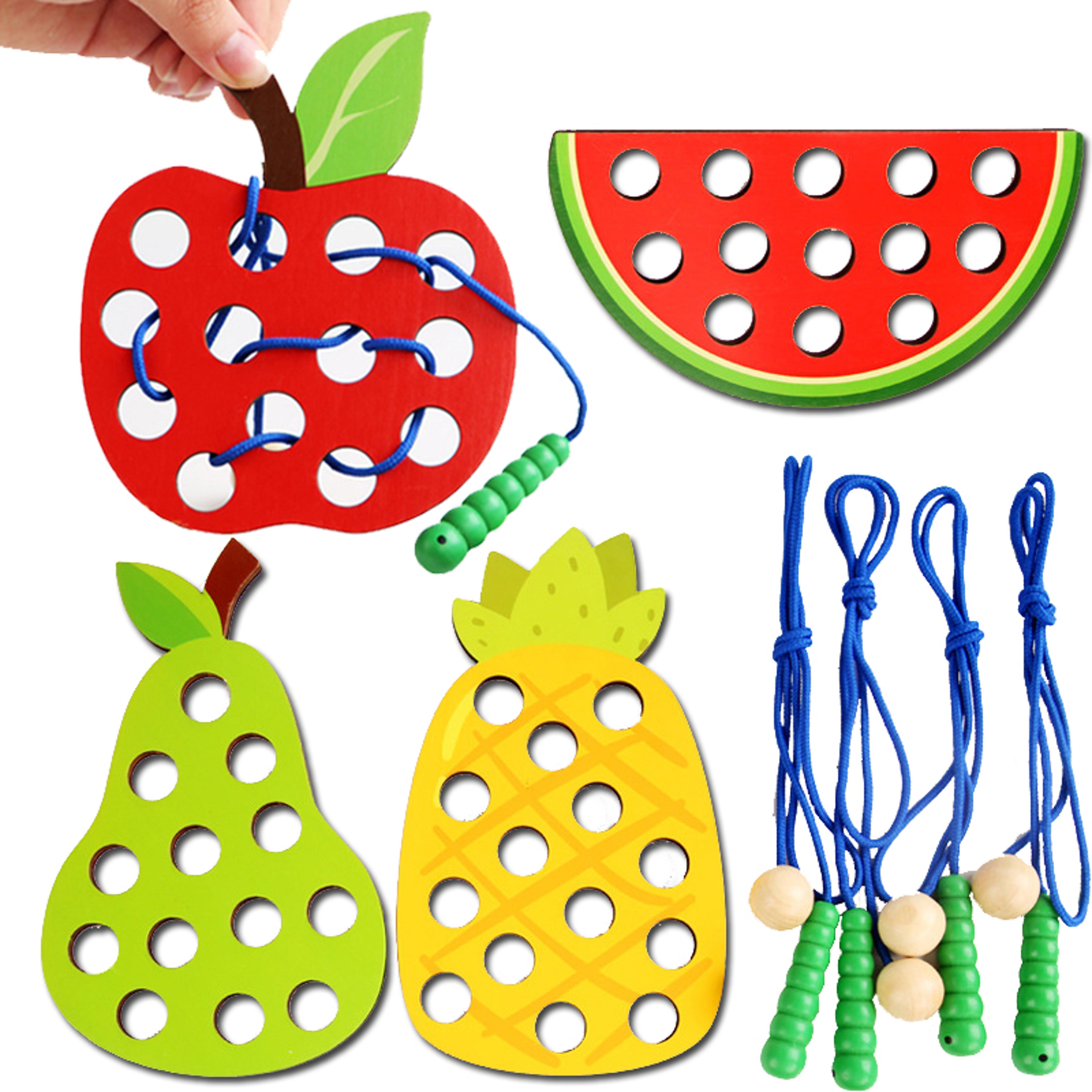 wooden lacing toy for toddlers - educational fruit threading puzzle set, fine motor skill development toy