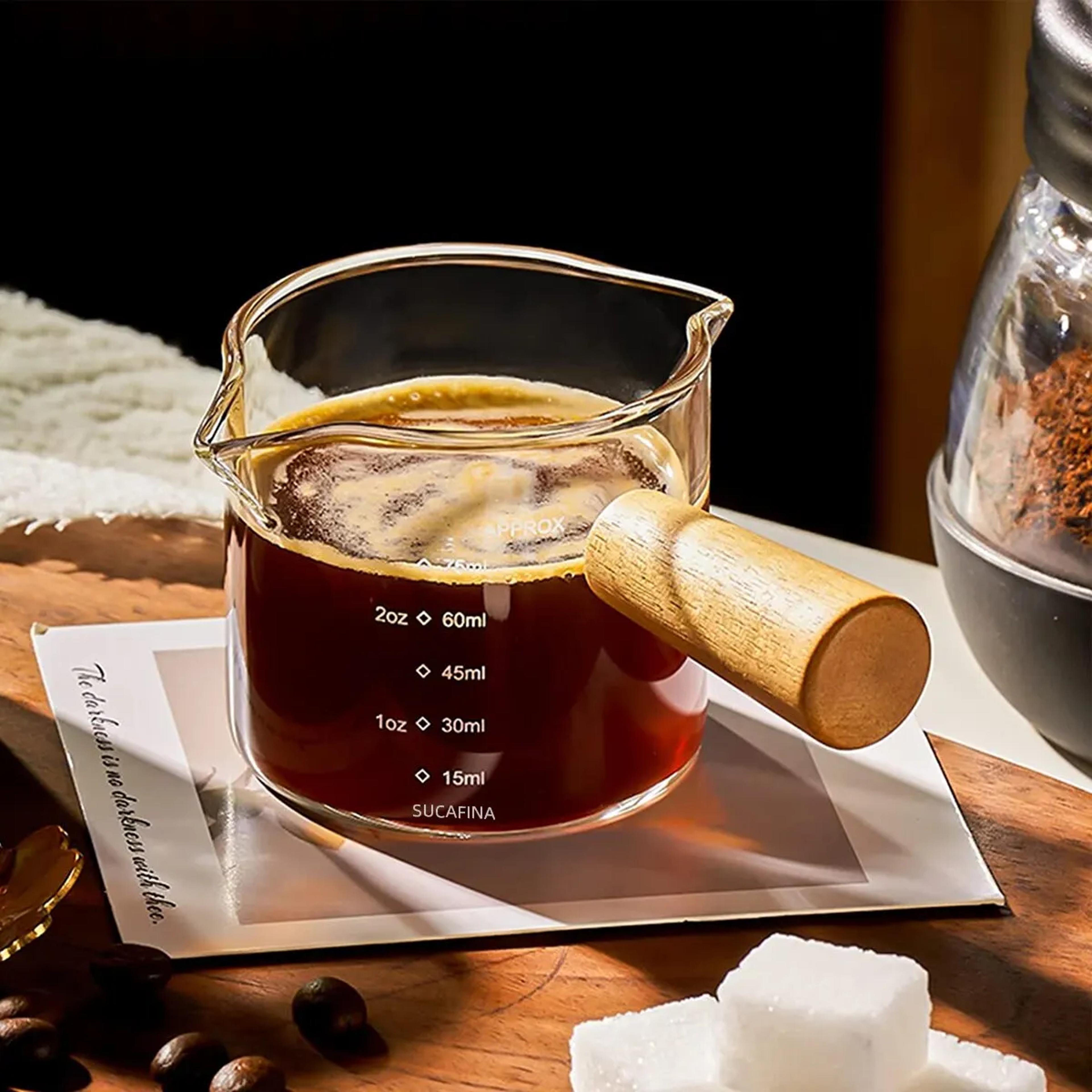 glass espresso measuring cup with wood handle – double & single mouth coffee mug