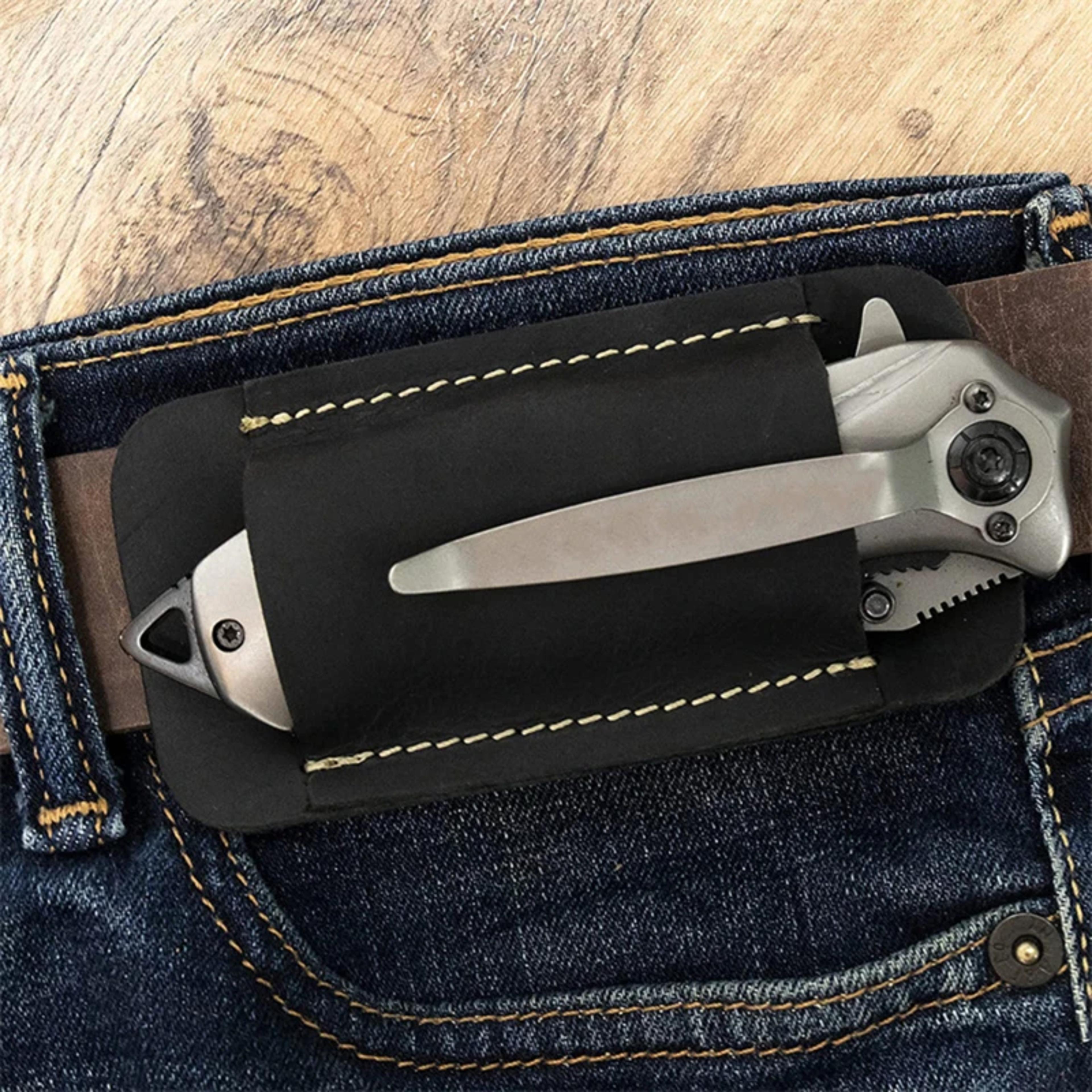 edc leather knife sheath – premium leather holster for folding knives & mini flashlights