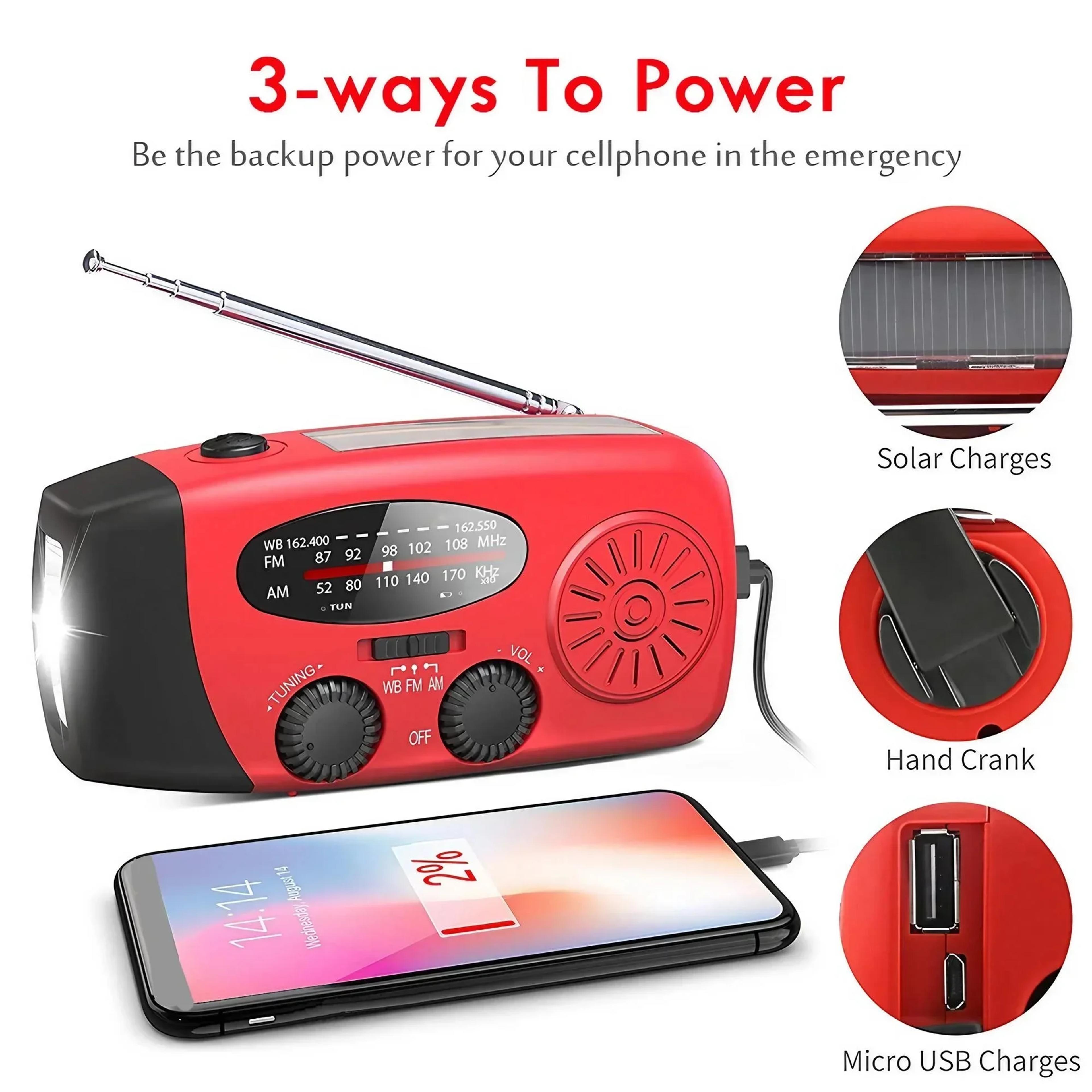 portable emergency hand crank radio with solar charger and led camping light