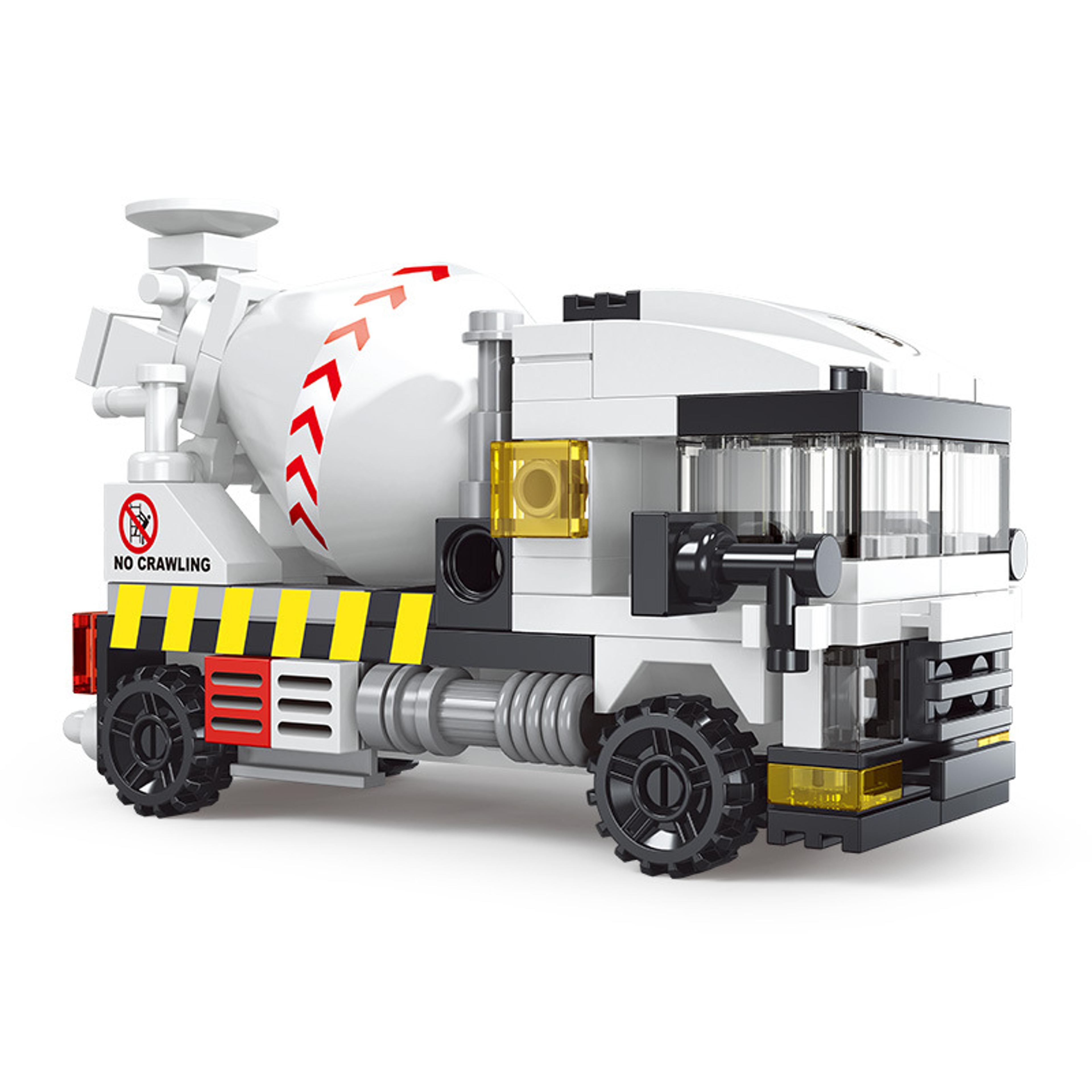 new heavy engineering cement mixer truck, fire engine, mini loader & police car model building block