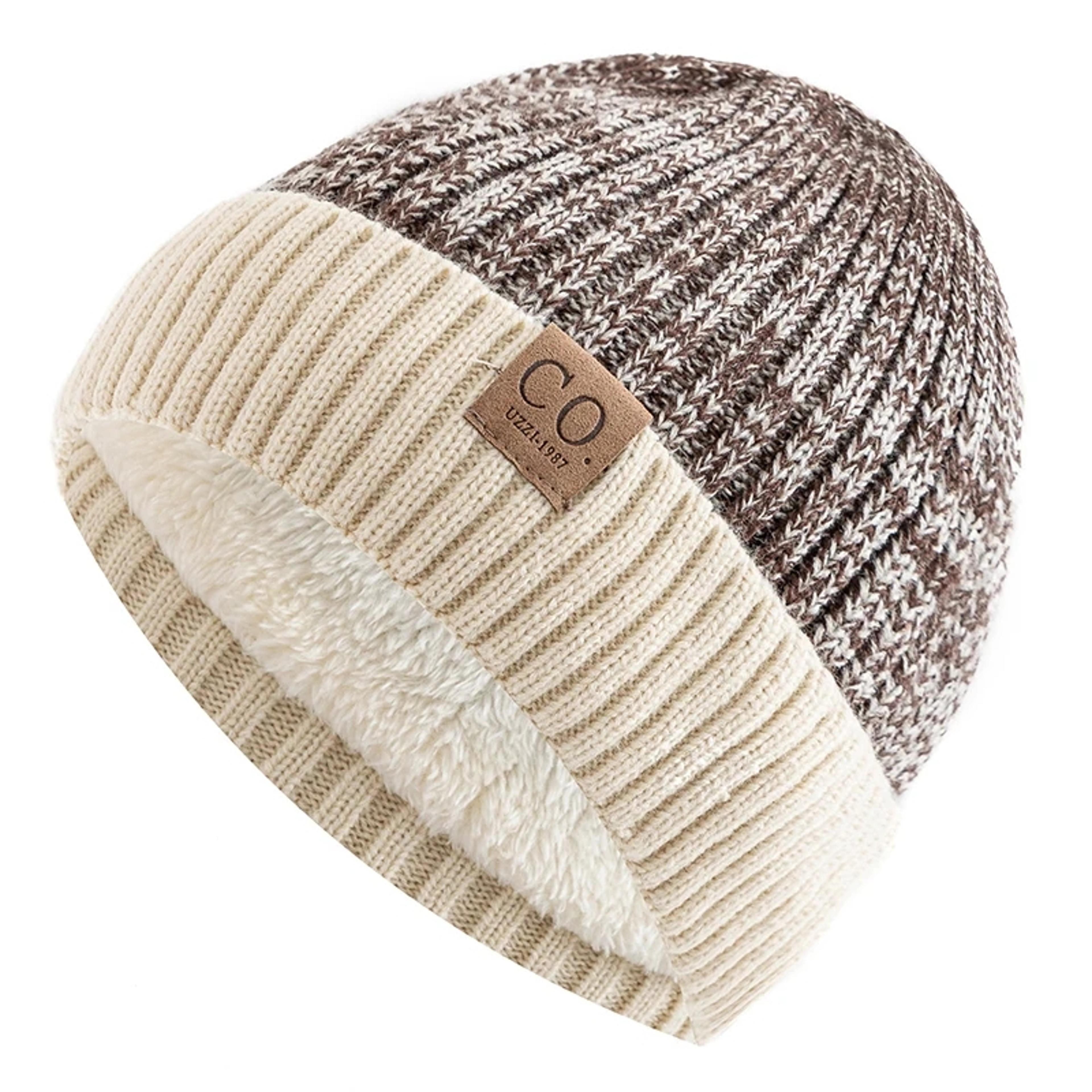 unisex two tone winter beanie hat with fur lining fashionable and warm knitted cap for men & women