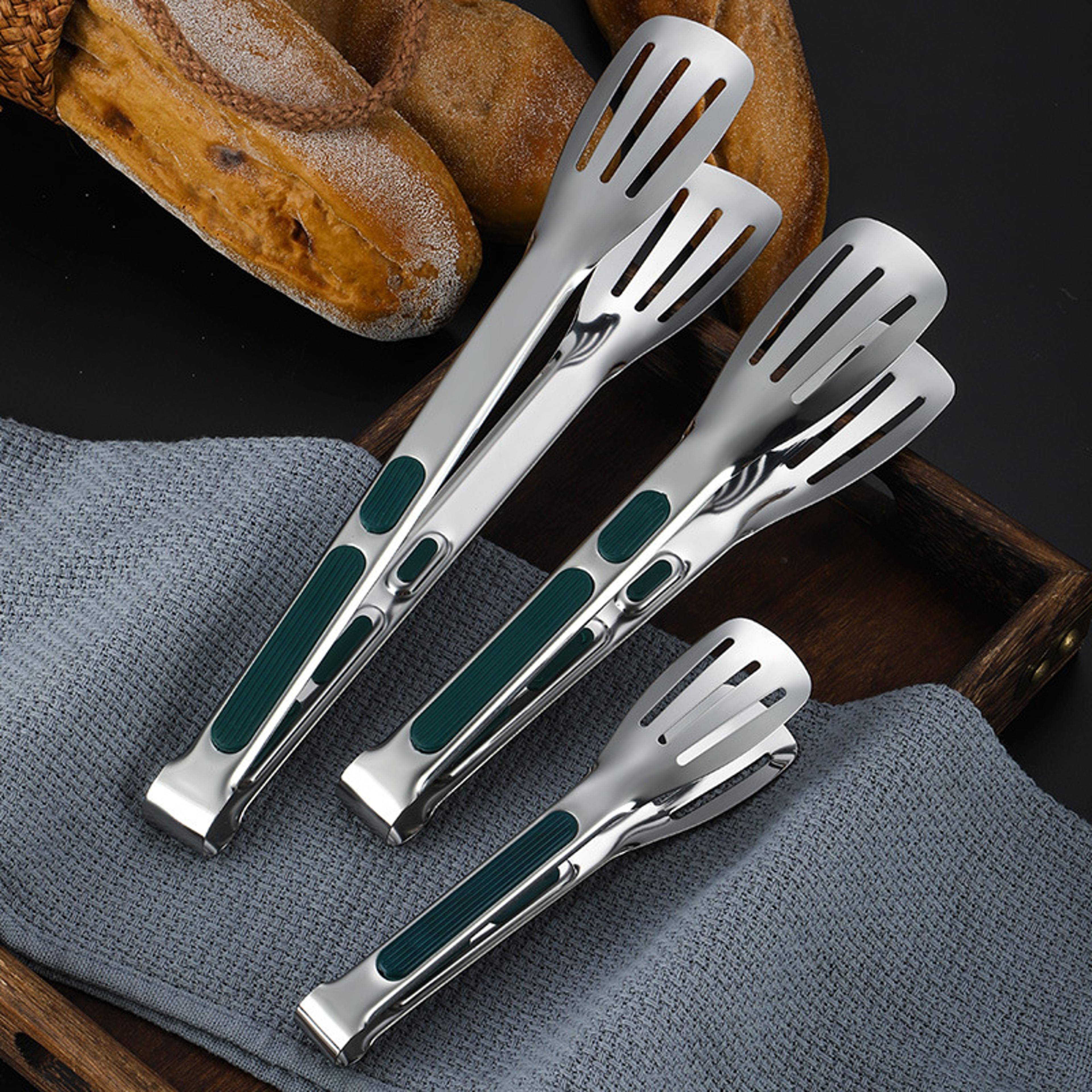 stainless steel bbq tongs non slip silicone handle for meat, salad & bread