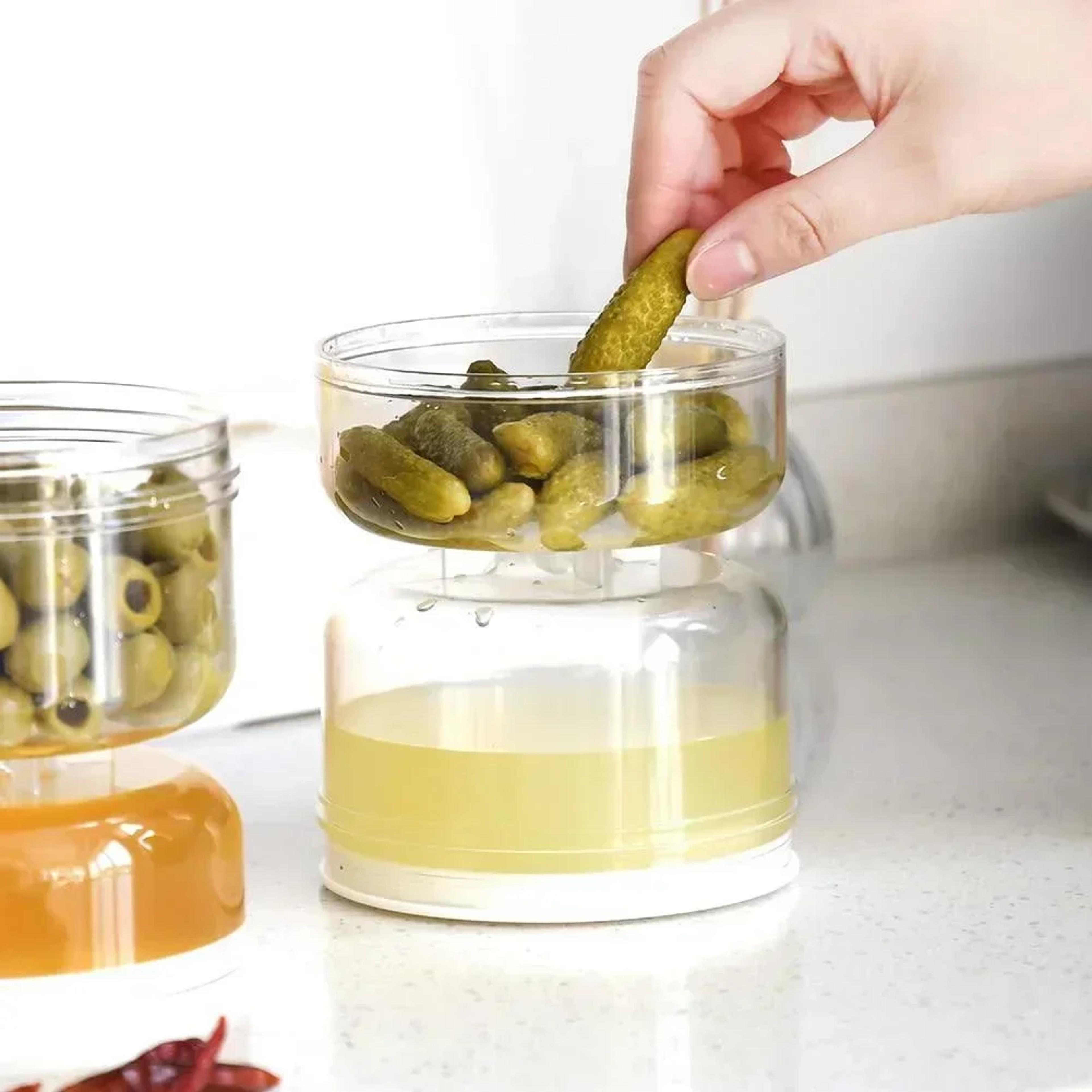 sealed pickle jar with flip container & strainer hourglass design for wet & dry separation, ideal for olives & pickles
