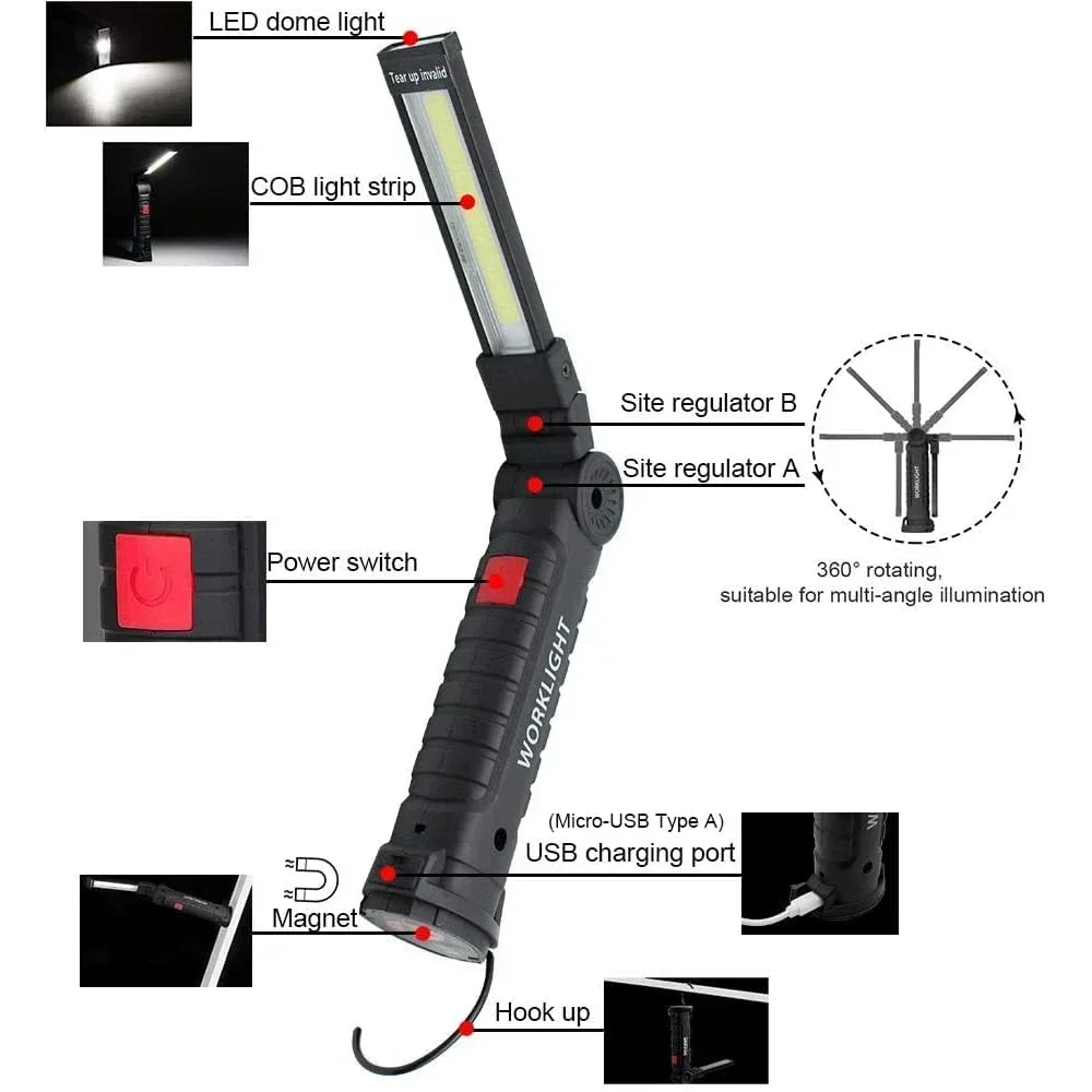 multifunctional folding work light usb rechargeable camping light with built in battery & magnetic base for easy use