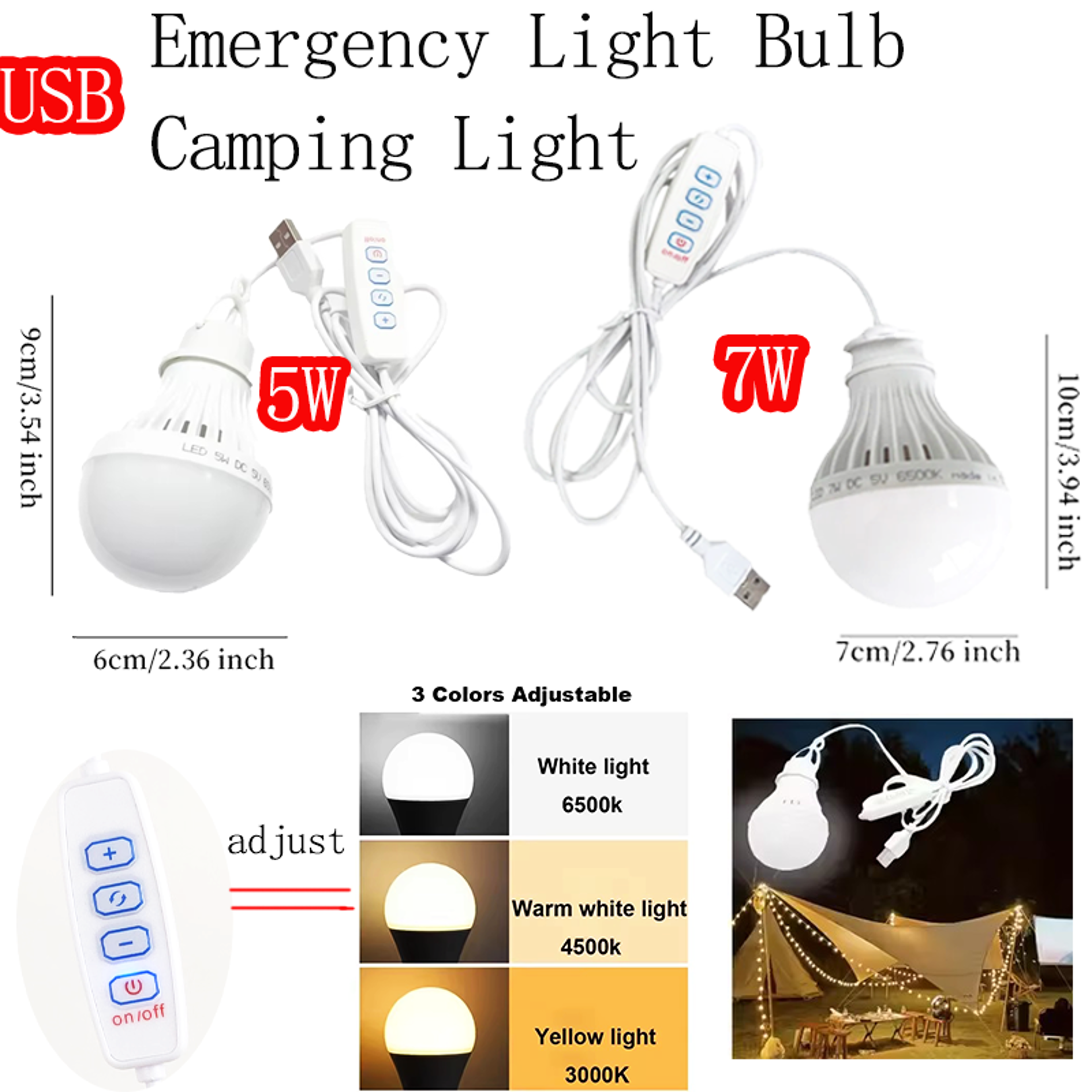 led camping light usb emergency bulb, color dimmable, hanging tent light for barbecue, fishing, and outdoor