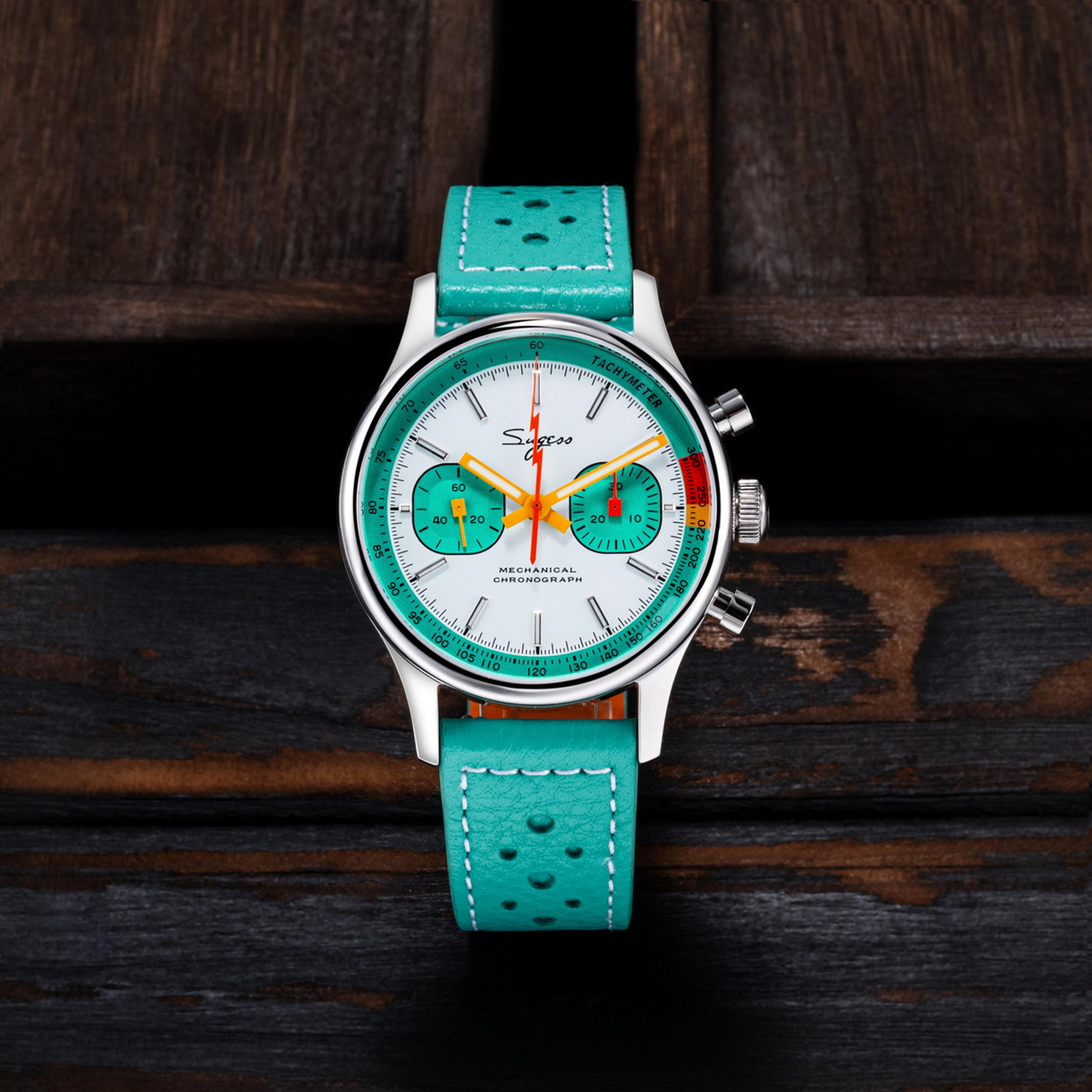 sugess chronograph watch for men with swanneck movement, mechanical wristwatch, sapphire crystal, pilot military