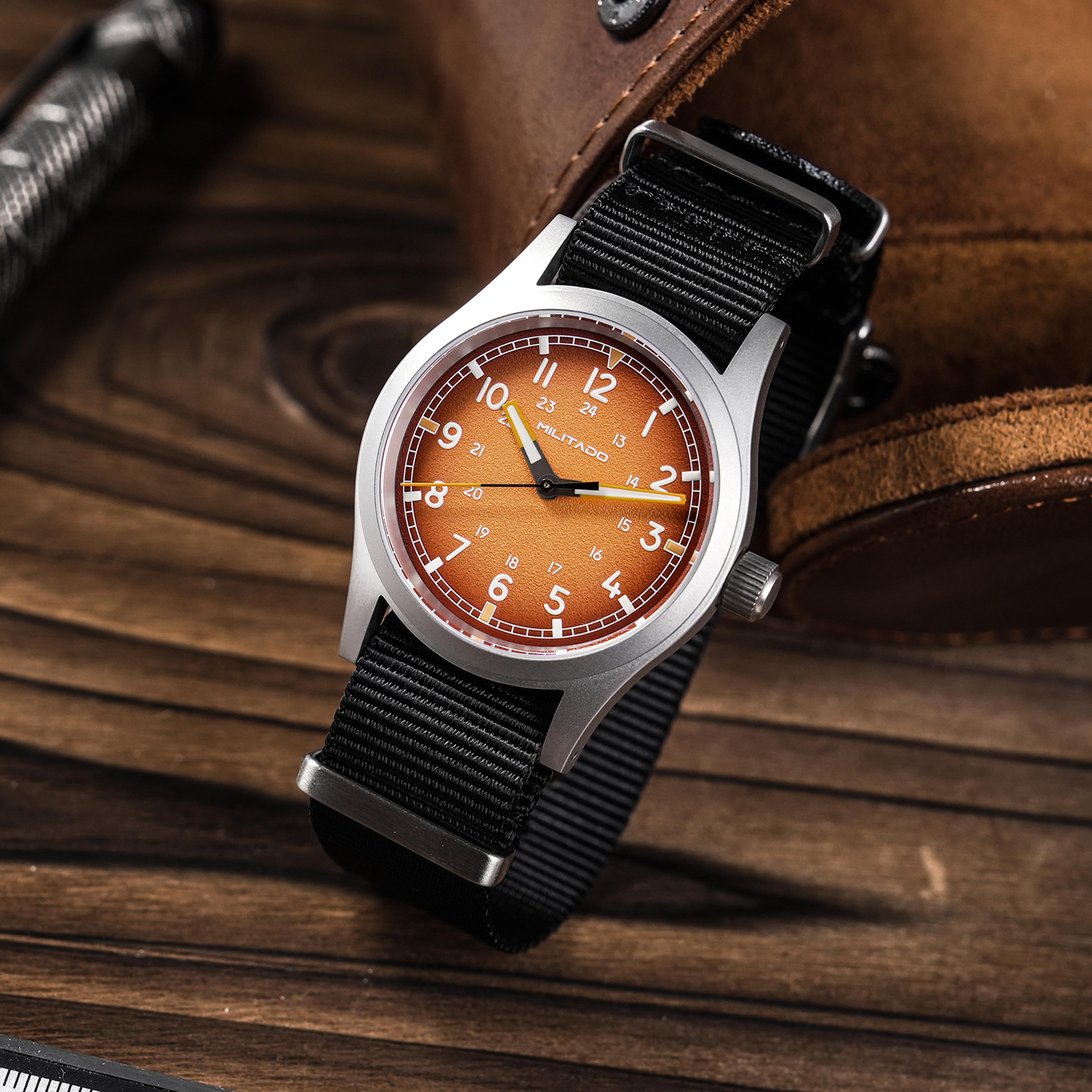 military quartz watch vintage design, luminous, sapphire crystal, and sweep seconds movement