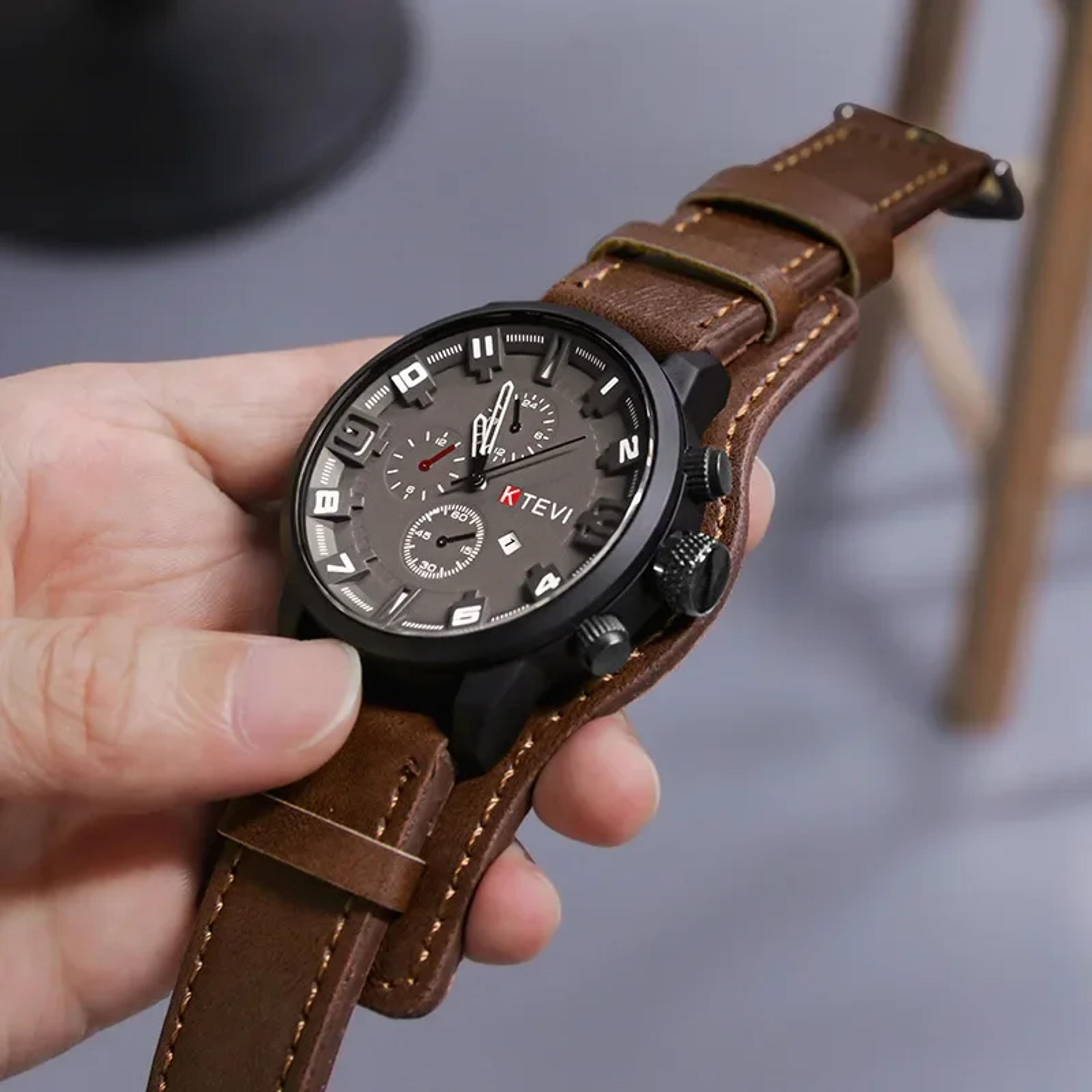 retro men big dial leather band quartz watch business, military, and sports wristwatch